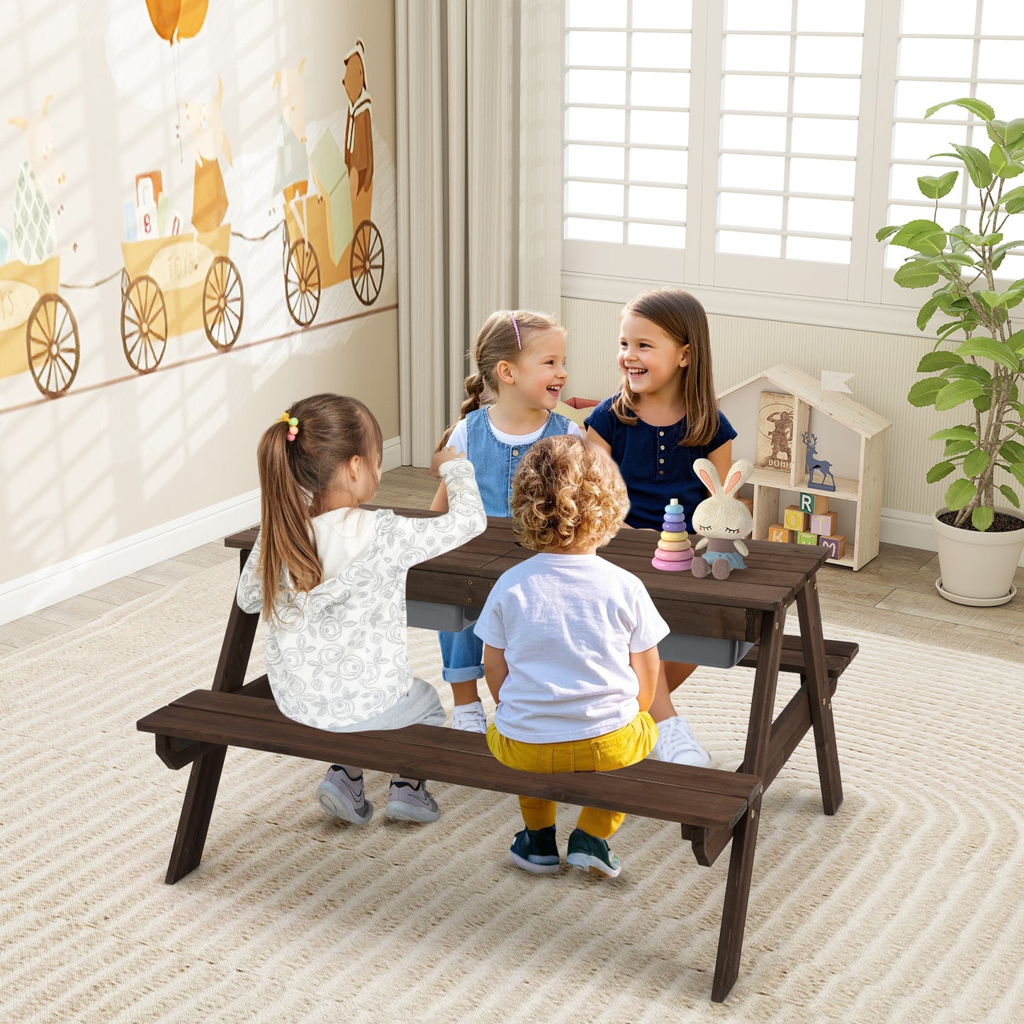 Kids Outdoor Picnic Table with Umbrella and Sand Water Play