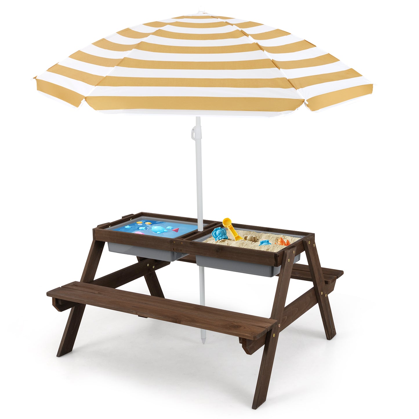 Kids Outdoor Picnic Table with Umbrella and Sand Water Play