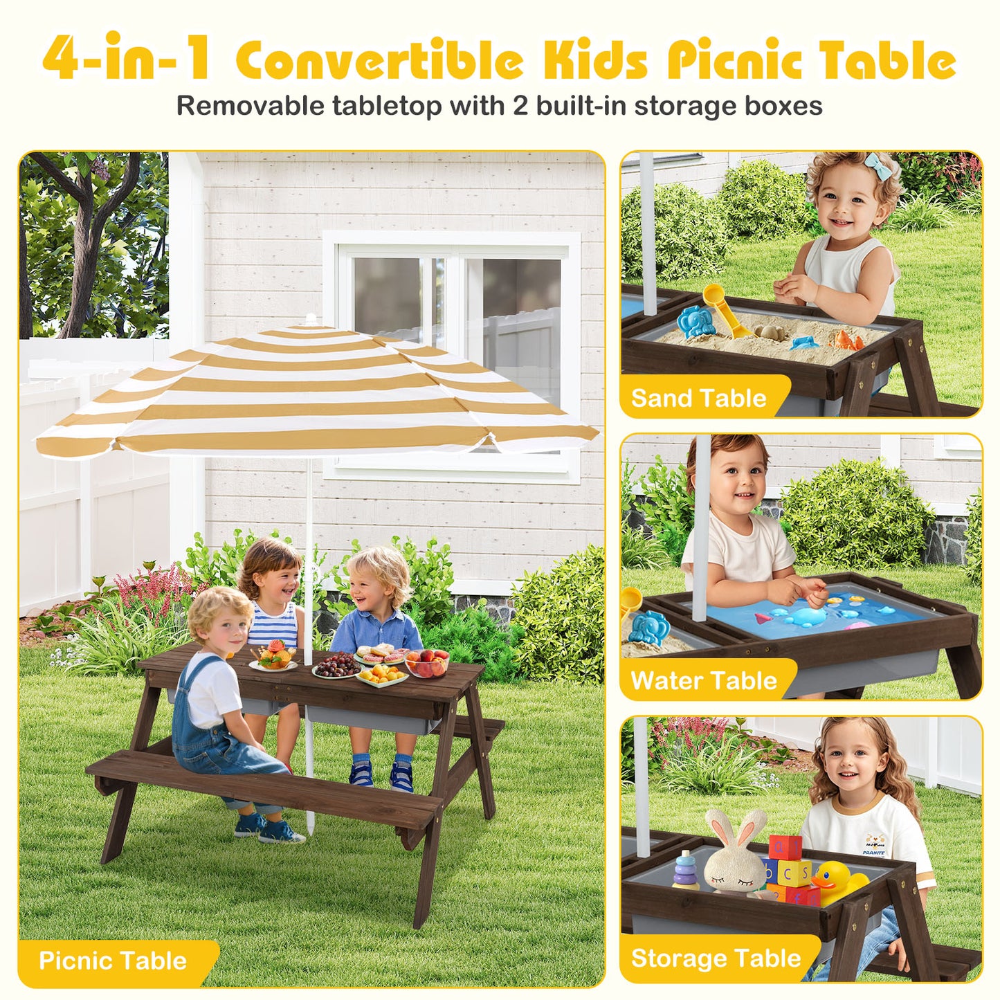Kids Outdoor Picnic Table with Umbrella and Sand Water Play