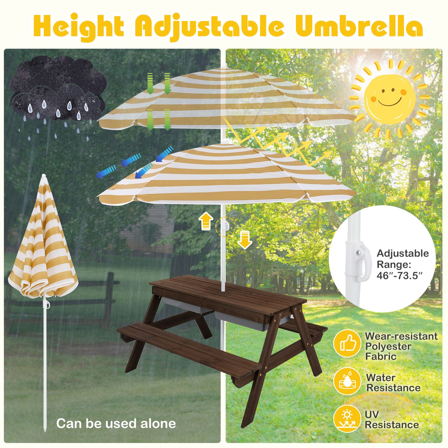 Kids Outdoor Picnic Table with Umbrella and Sand Water Play
