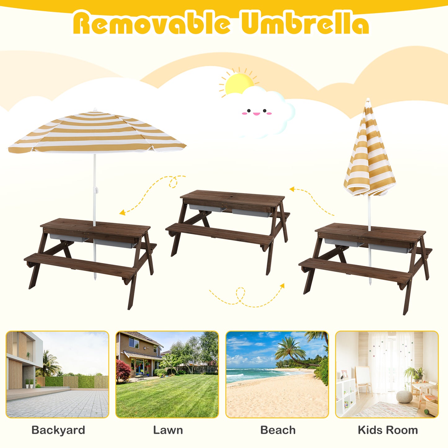 Kids Outdoor Picnic Table with Umbrella and Sand Water Play