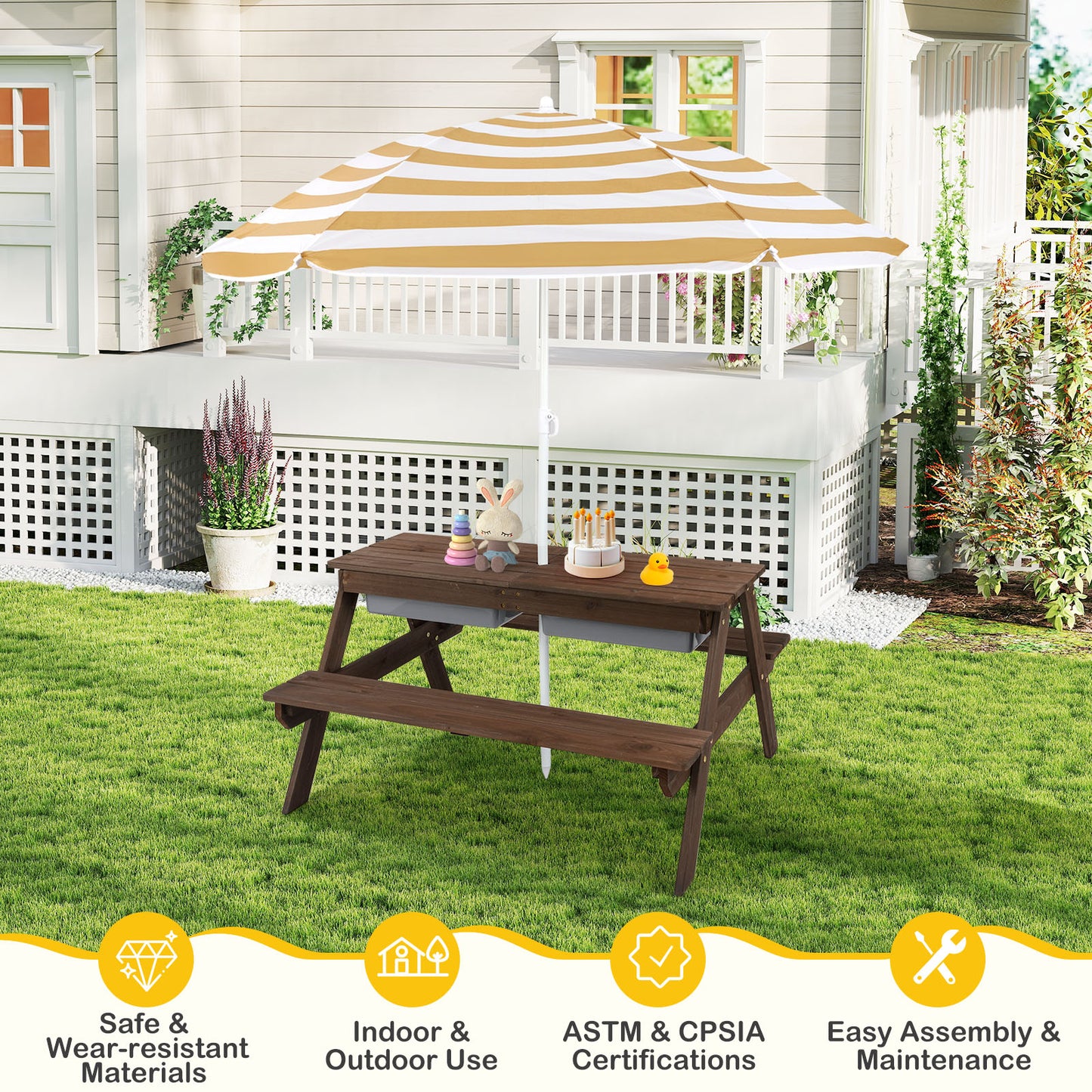 Kids Outdoor Picnic Table with Umbrella and Sand Water Play