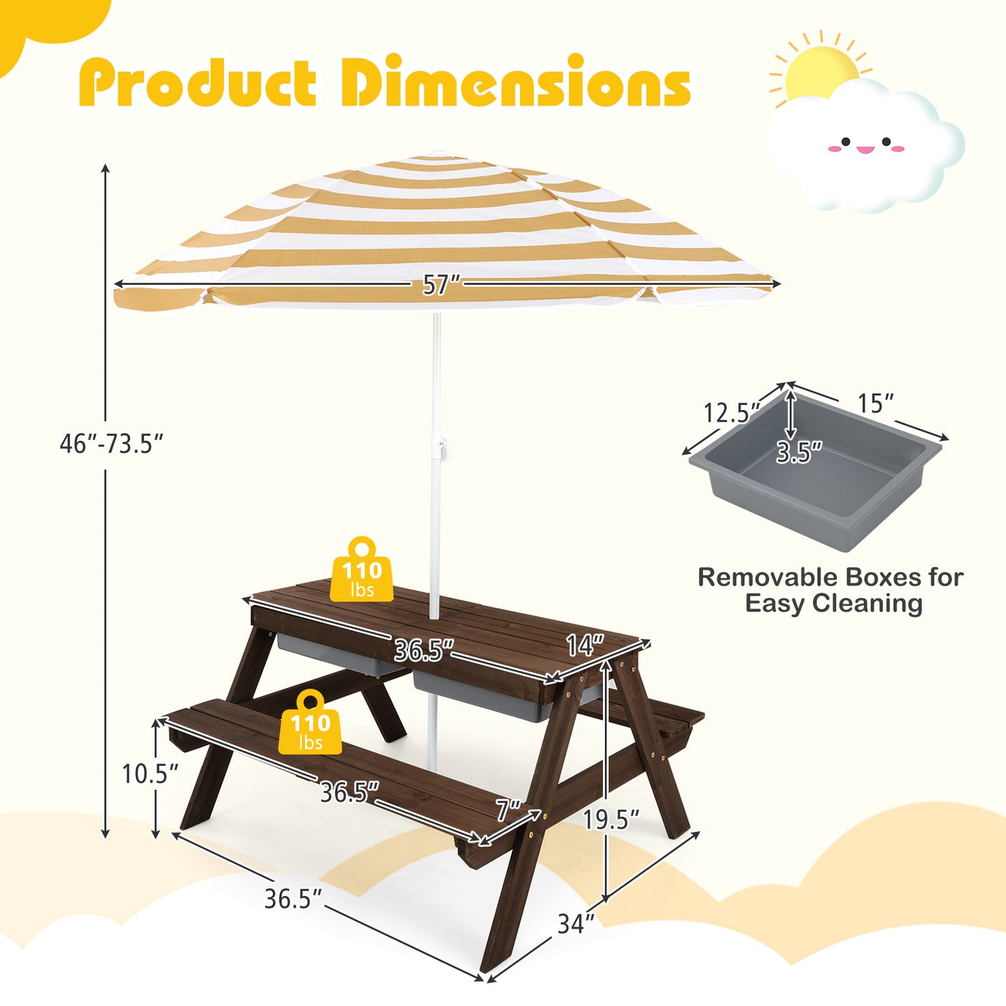 Kids Outdoor Picnic Table with Umbrella and Sand Water Play