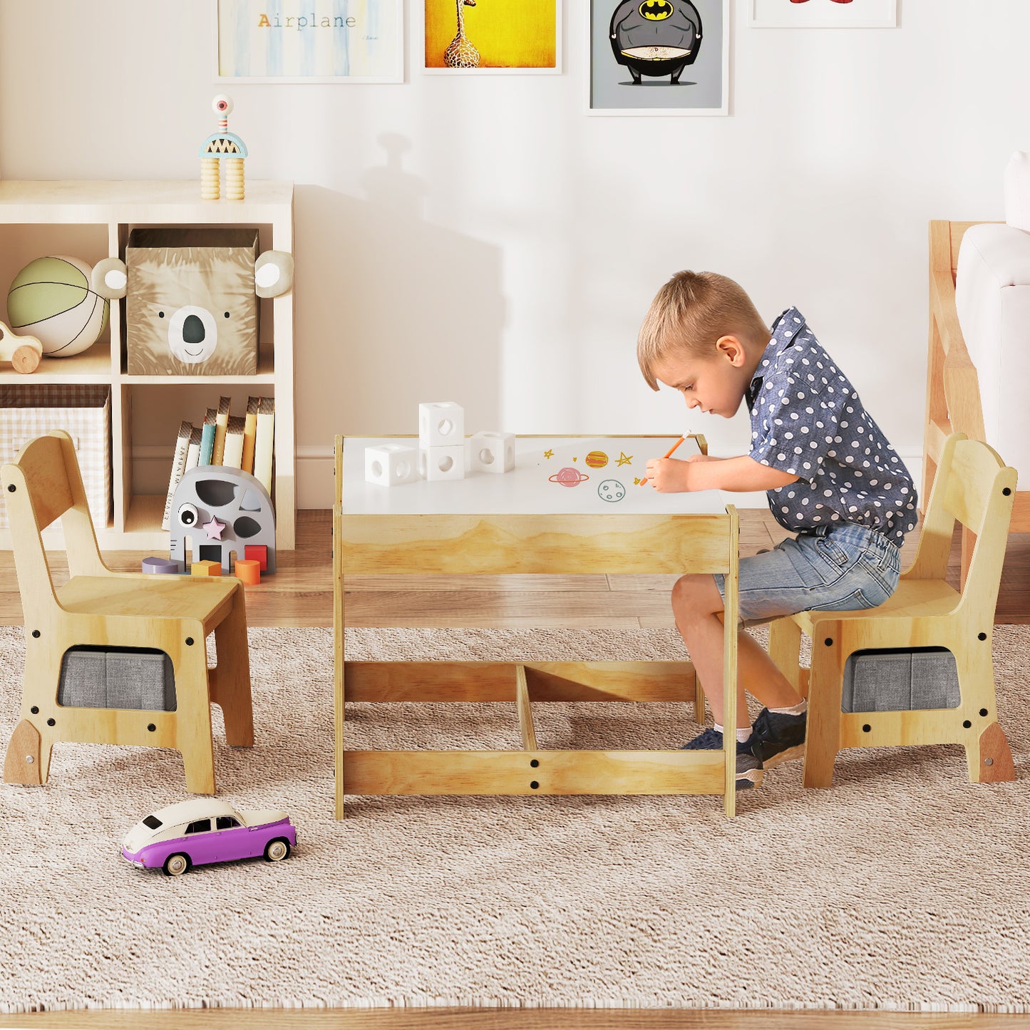 Kids Table and Chair Set with Storage Drawers - 3 in 1