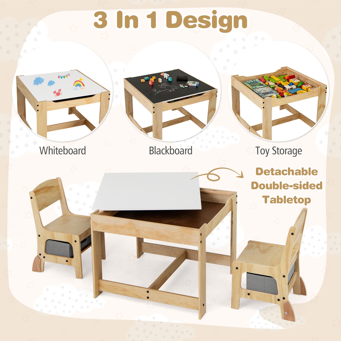 Kids Table and Chair Set with Storage Drawers - 3 in 1
