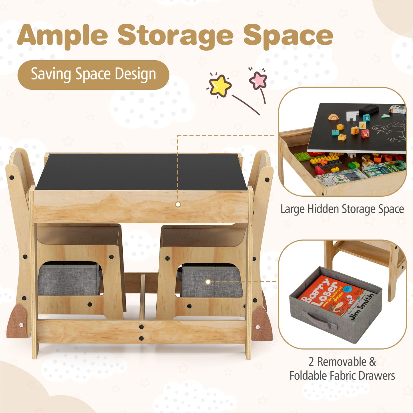Kids Table and Chair Set with Storage Drawers - 3 in 1
