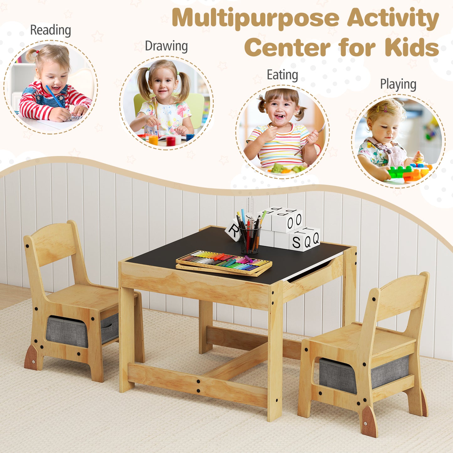 Kids Table and Chair Set with Storage Drawers - 3 in 1