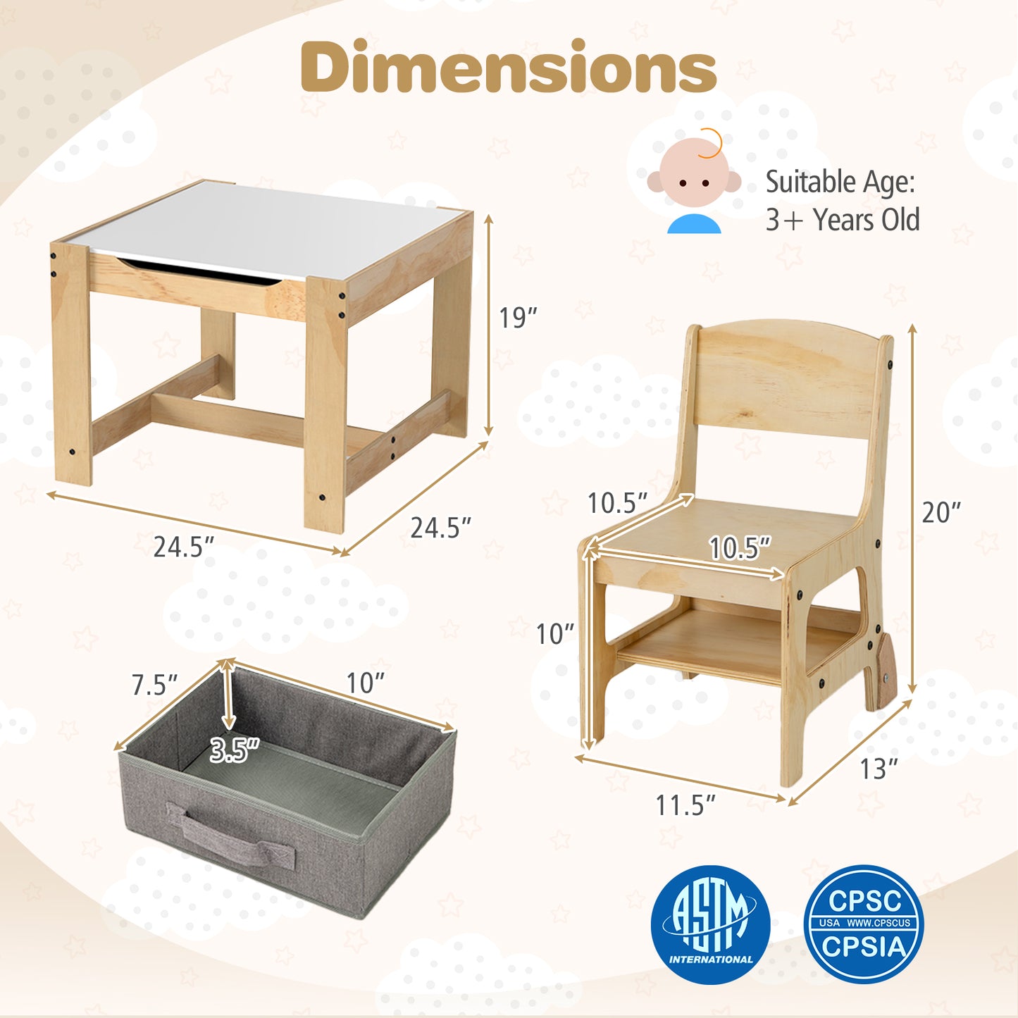 Kids Table and Chair Set with Storage Drawers - 3 in 1