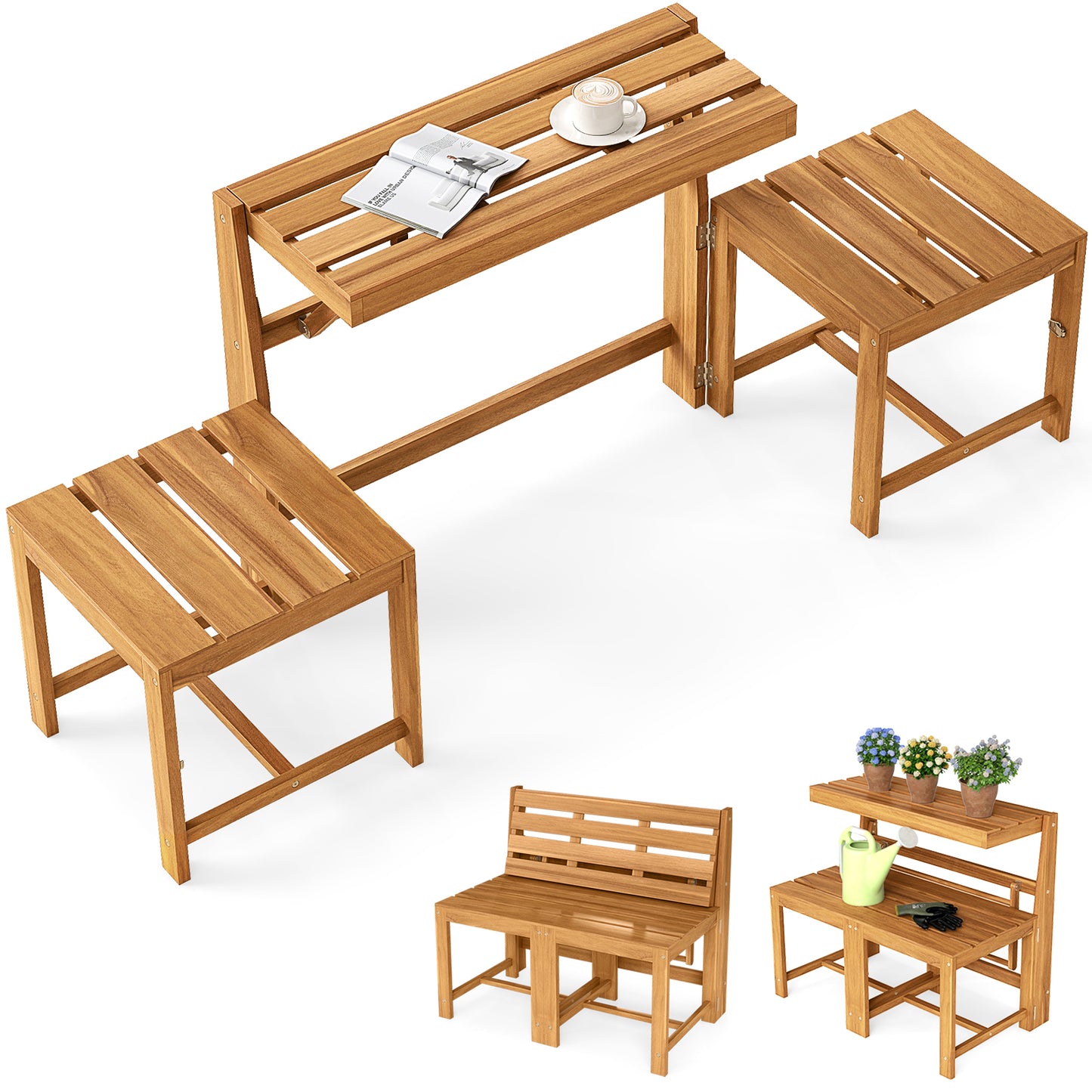 3-in-1 Convertible Acacia Wood Loveseat Bench