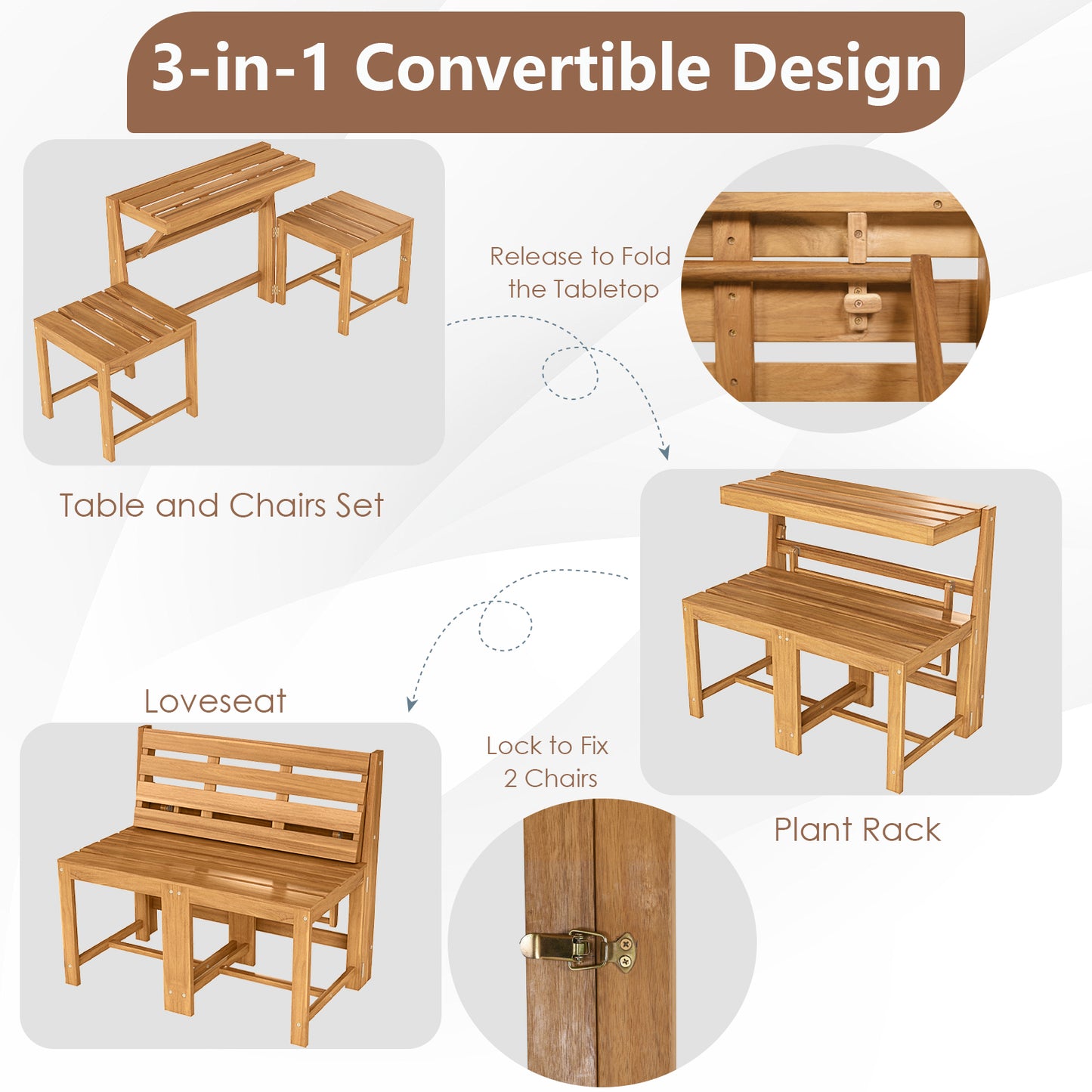 3-in-1 Convertible Acacia Wood Loveseat Bench