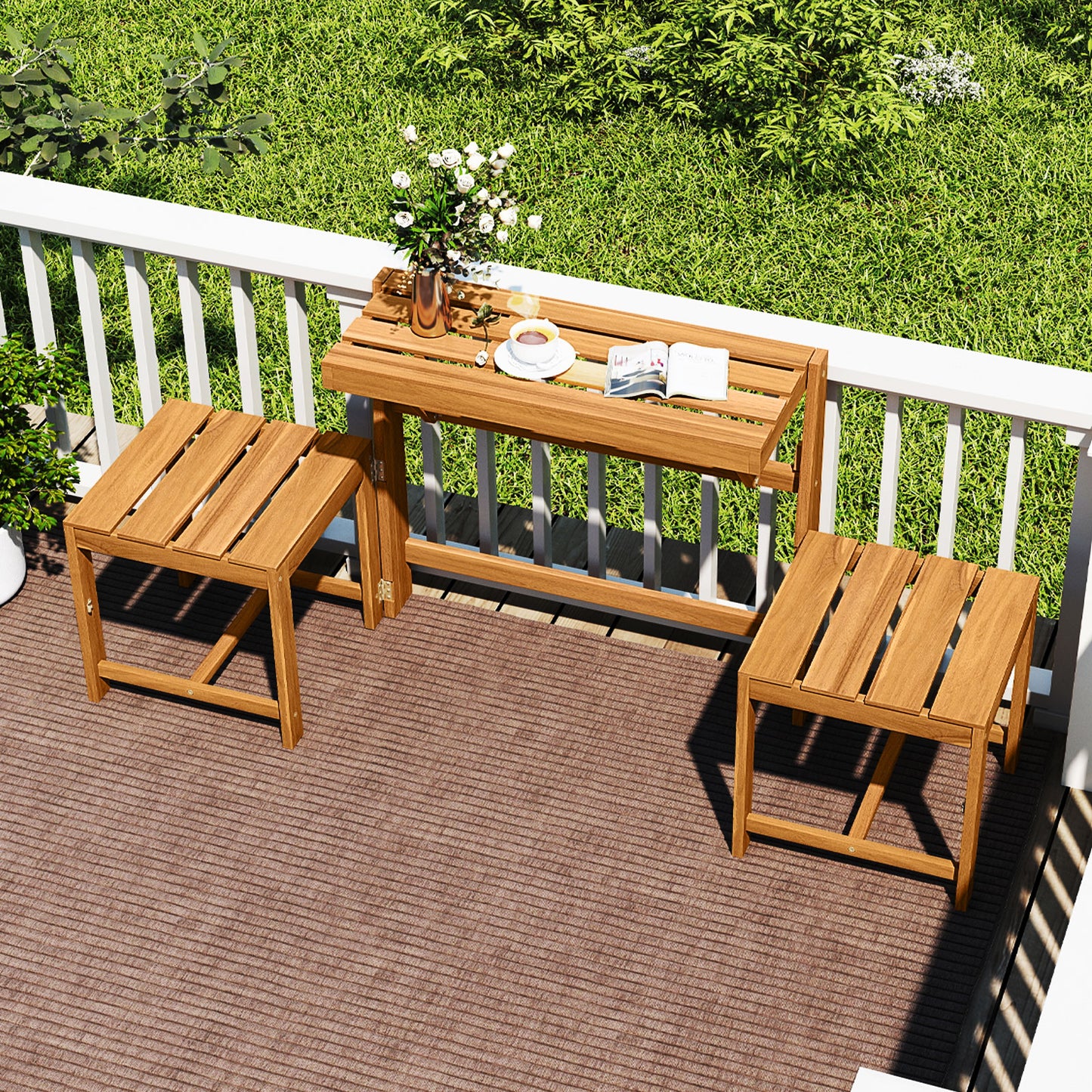 3-in-1 Convertible Acacia Wood Loveseat Bench