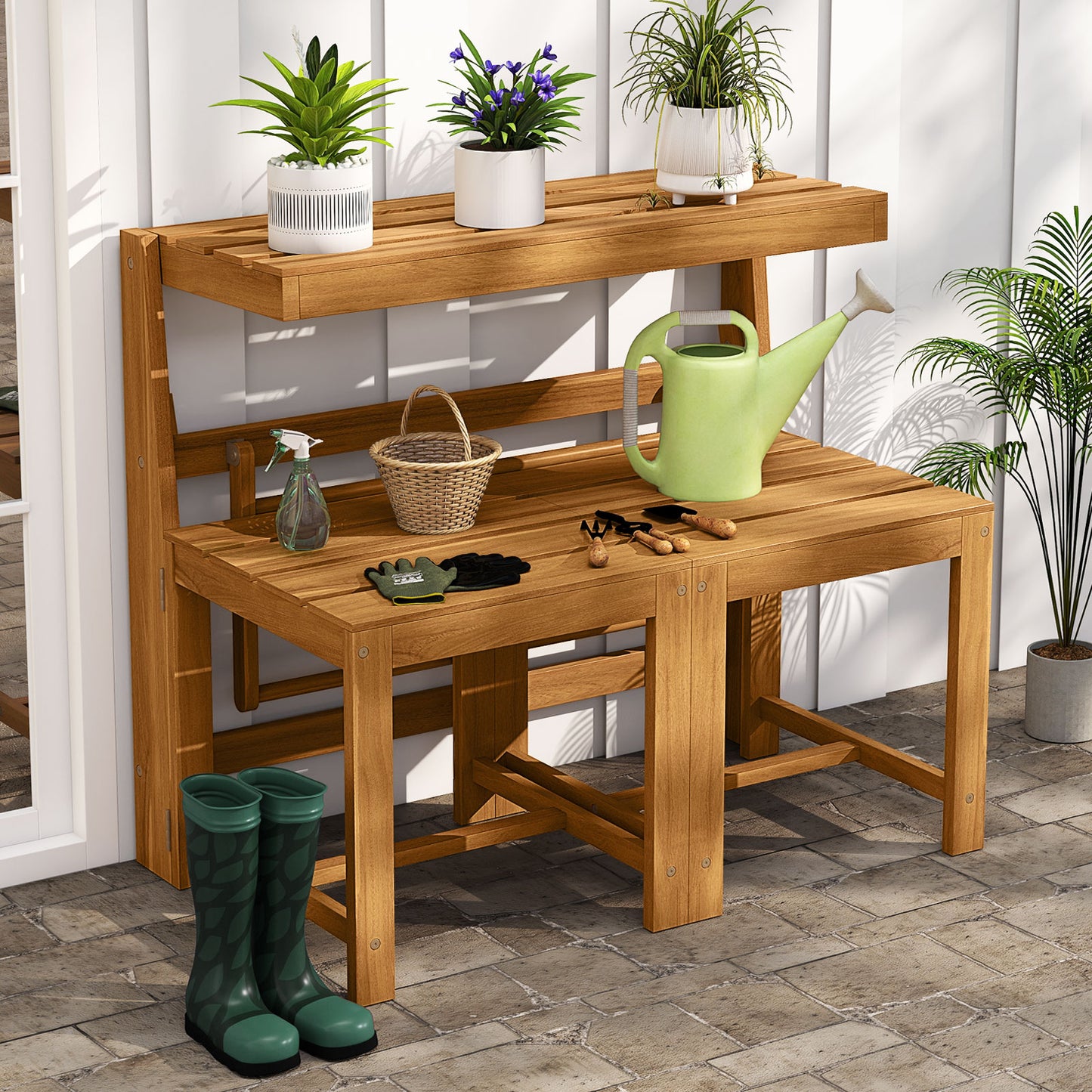3-in-1 Convertible Acacia Wood Loveseat Bench