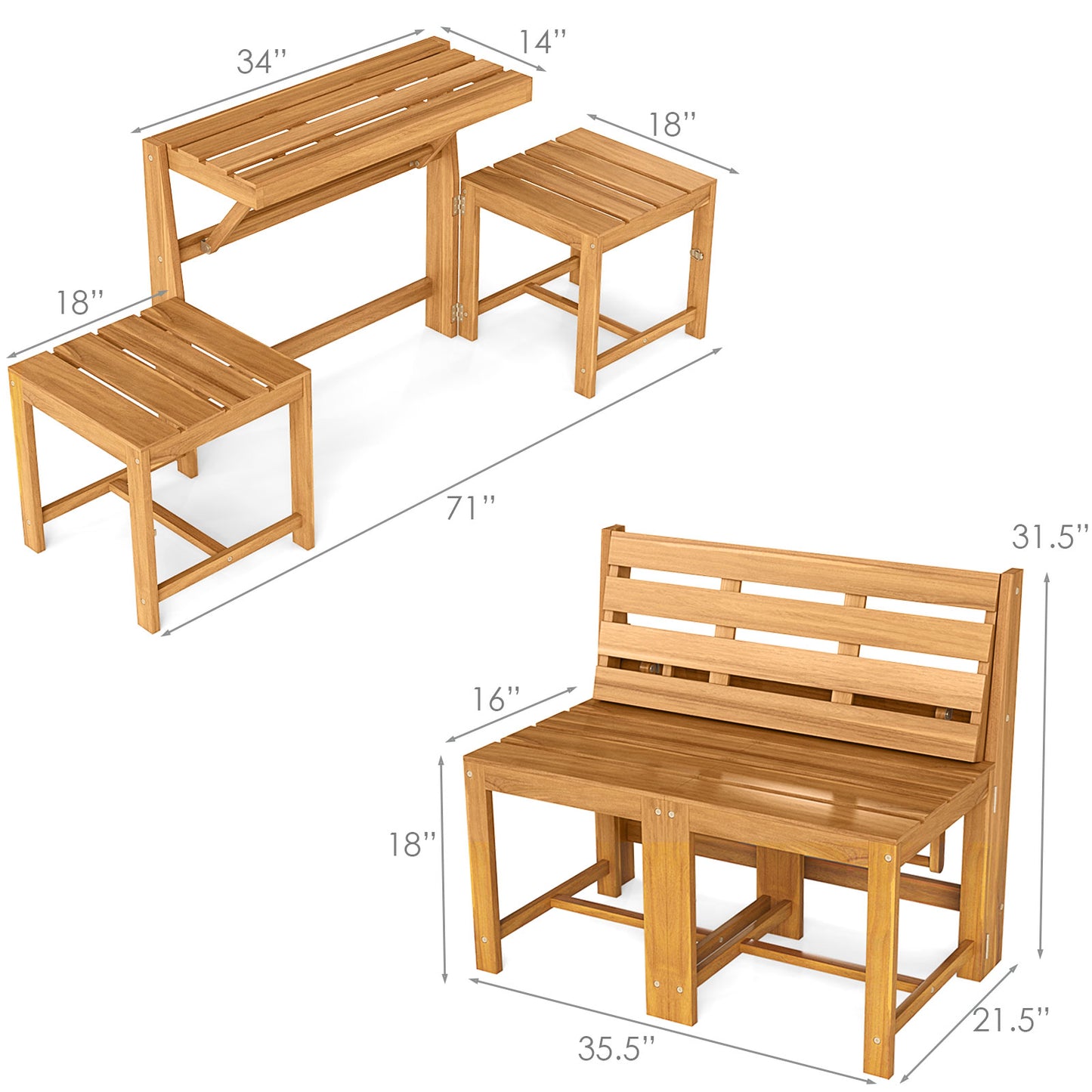 3-in-1 Convertible Acacia Wood Loveseat Bench