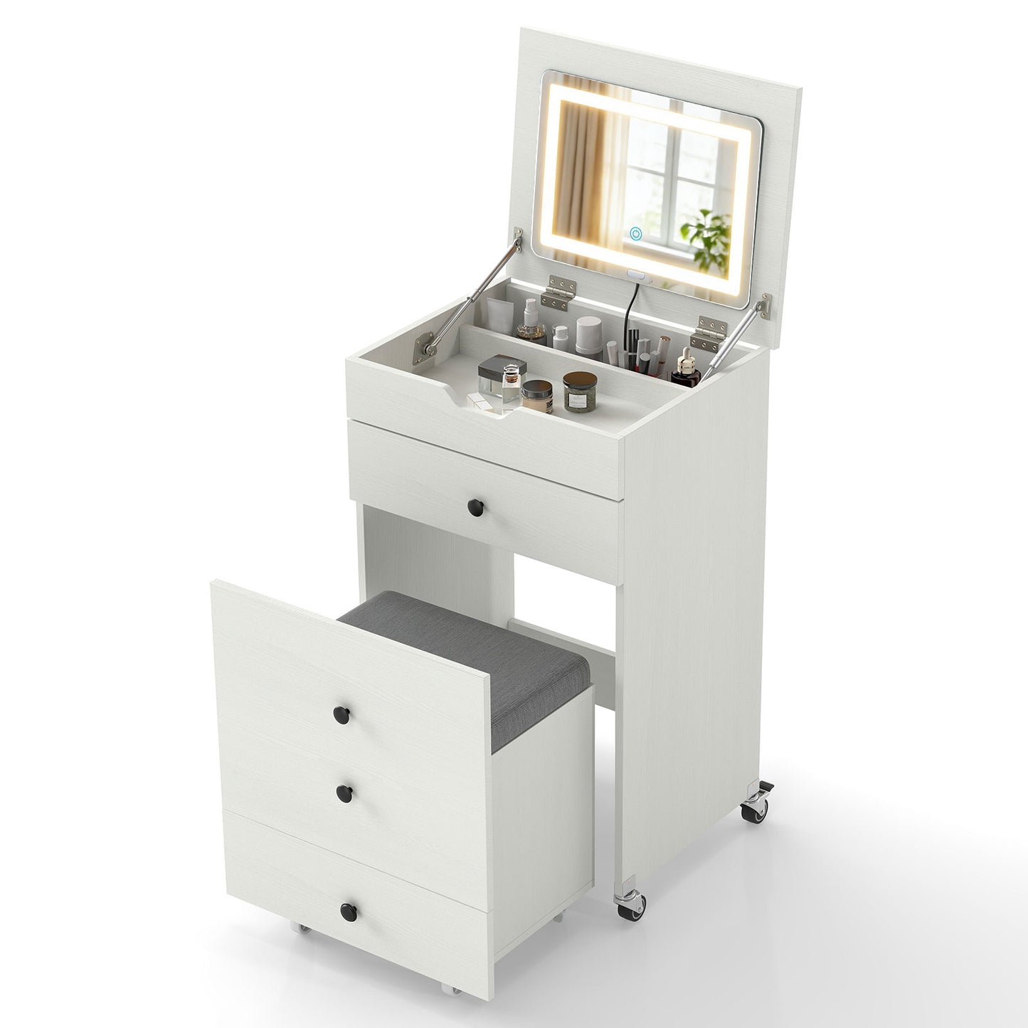 3-in-1 Vanity Desk Set with Lighted Mirror and Stool