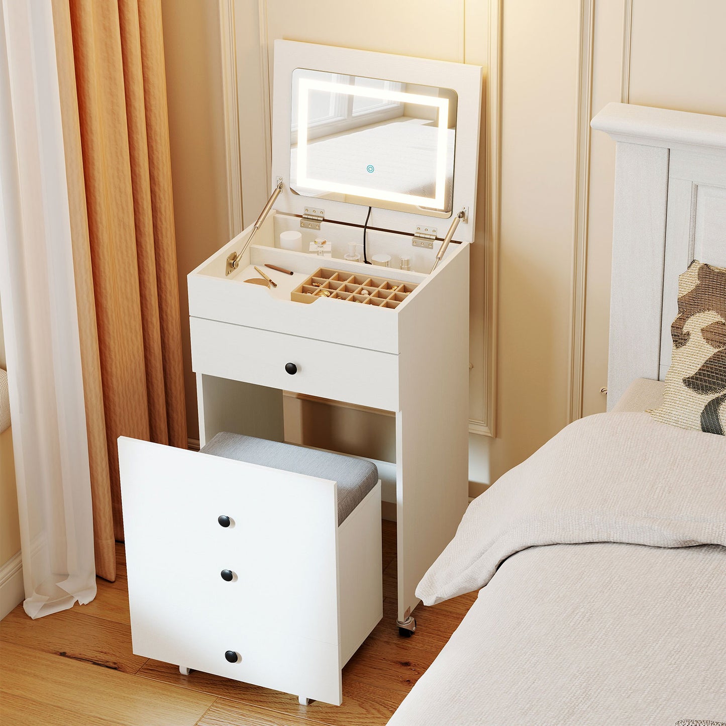 3-in-1 Vanity Desk Set with Lighted Mirror and Stool