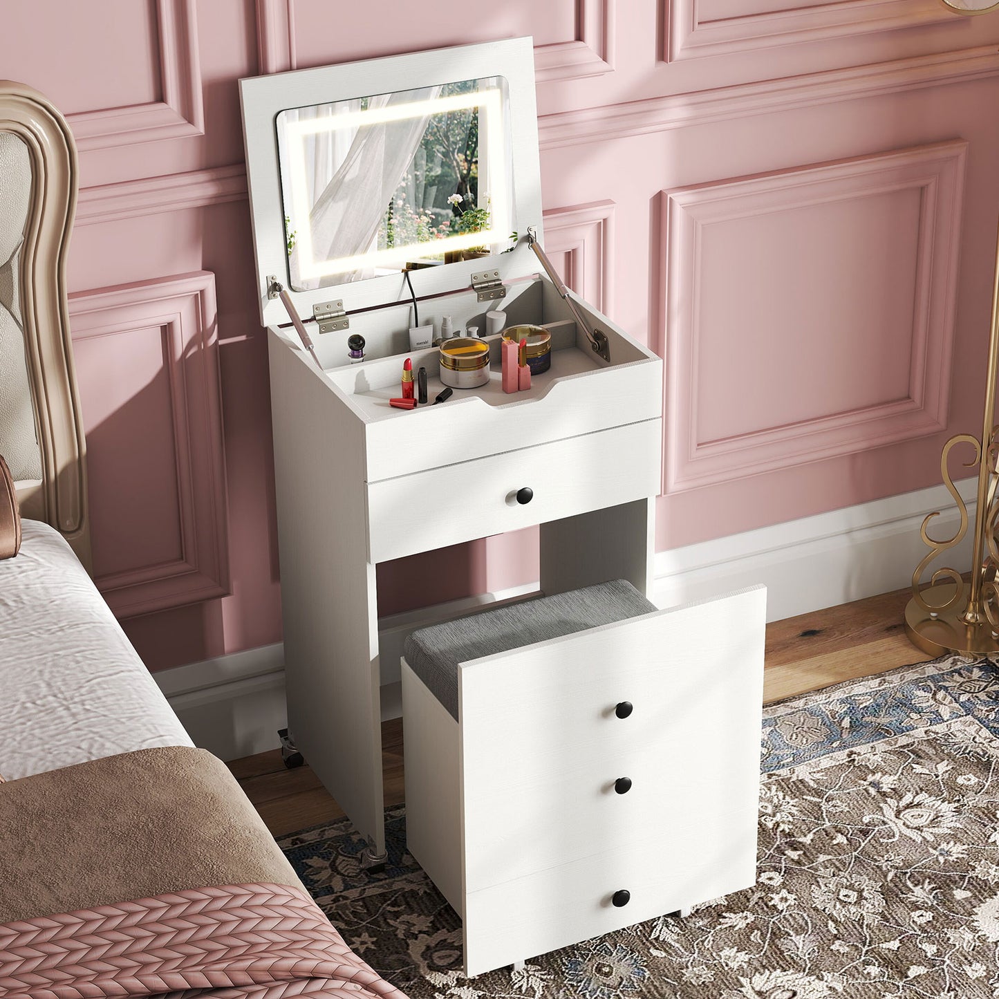 3-in-1 Vanity Desk Set with Lighted Mirror and Stool