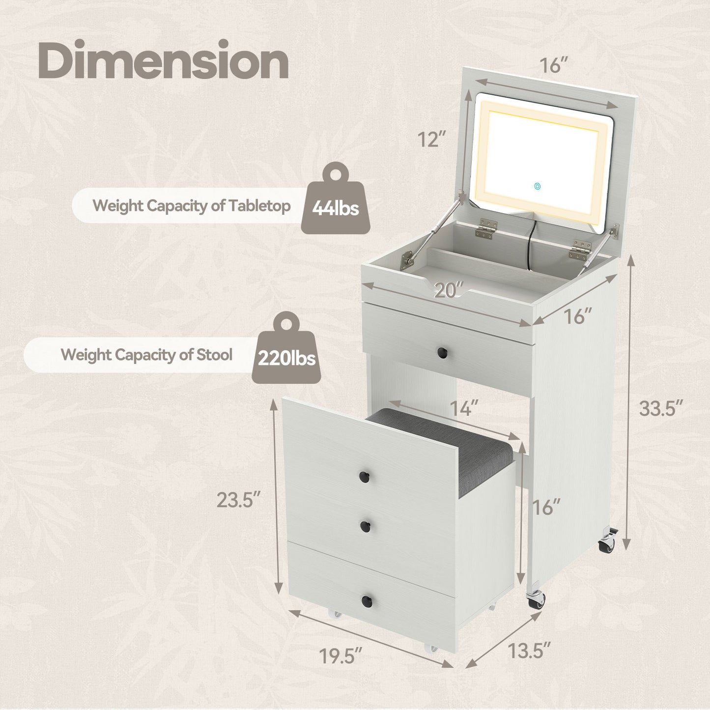 3-in-1 Vanity Desk Set with Lighted Mirror and Stool