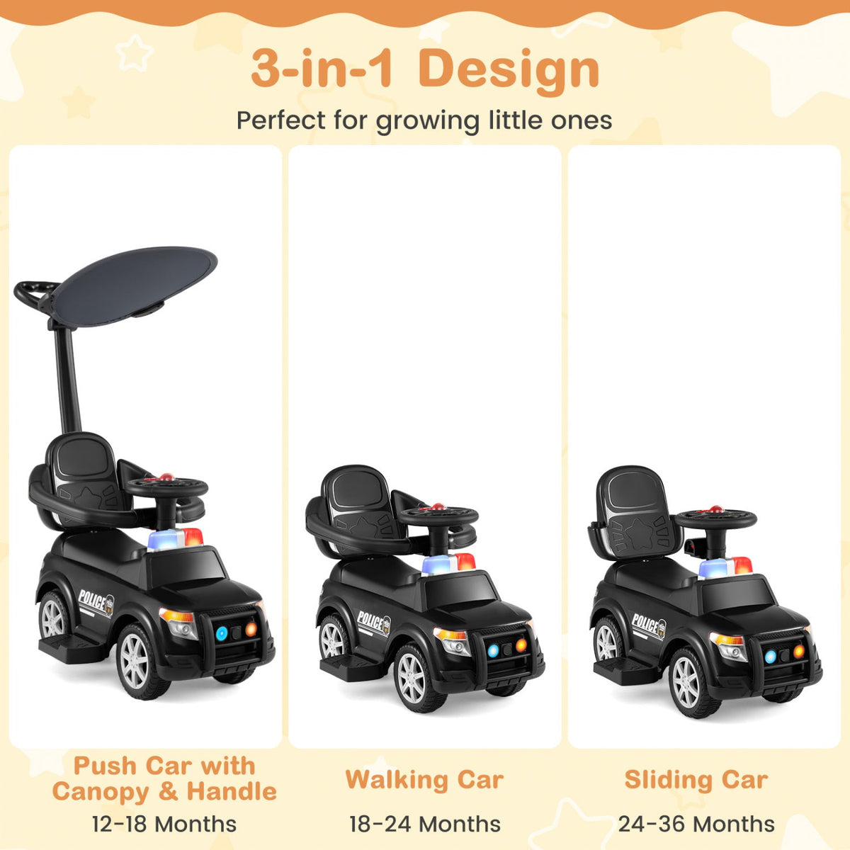 3-in-1 Toddler Push Car with Handle and Canopy