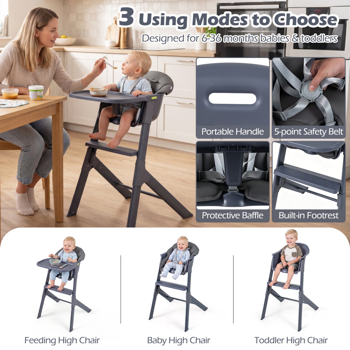3-in-1 Convertible Baby High Chair with Tray and Footrest