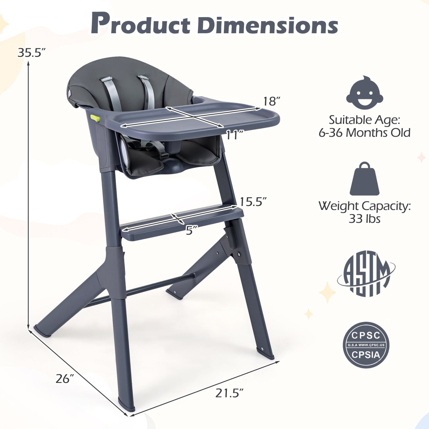 3-in-1 Convertible Baby High Chair with Tray and Footrest