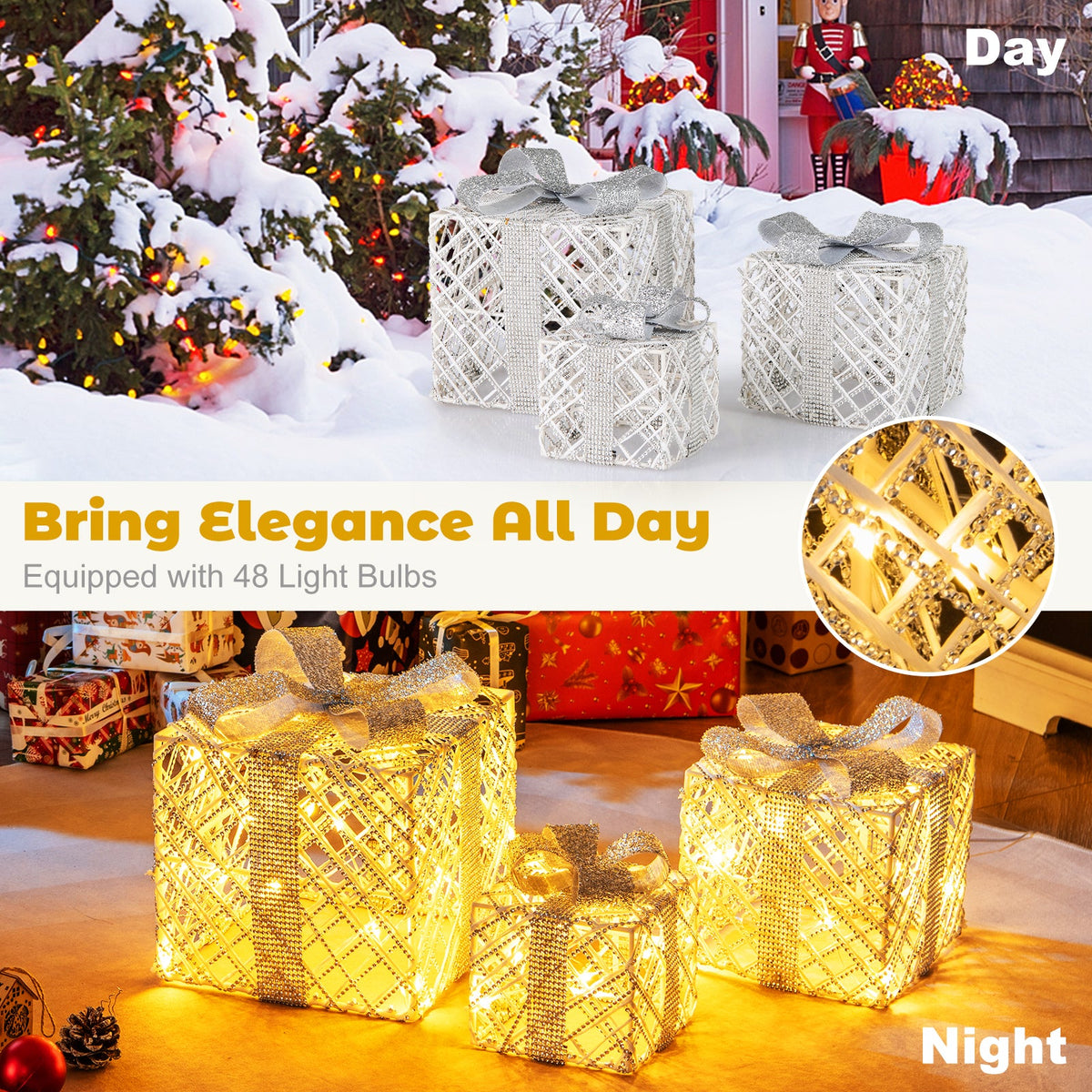 3 Pack Christmas Lighted Gift Box with 50 LED Lights and Detachable Bows