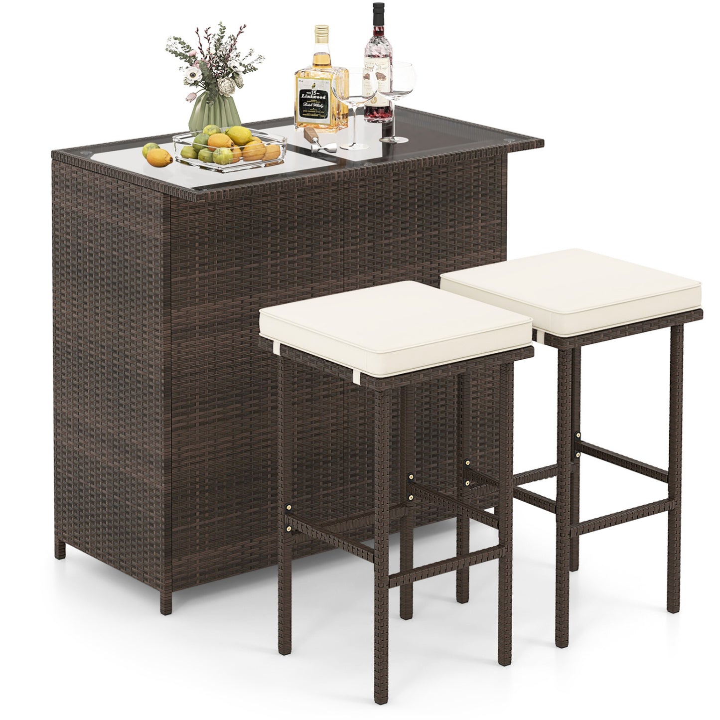 3-Piece Rattan Wicker Bar Set with Cushioned Stools