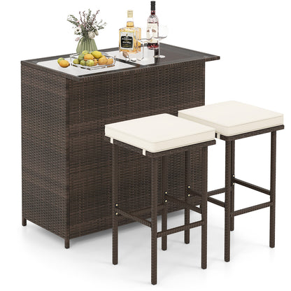 3-Piece Rattan Wicker Bar Set with Cushioned Stools
