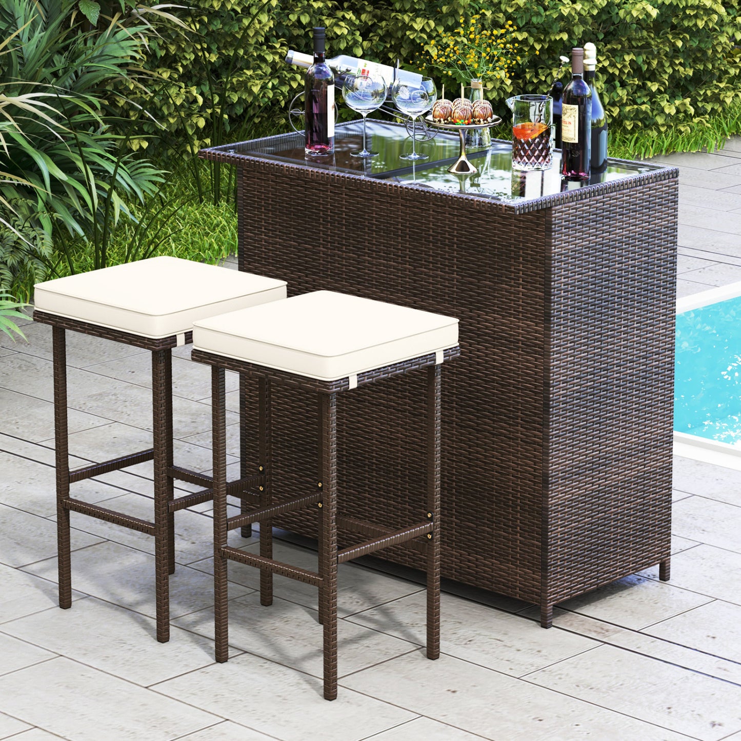 3-Piece Rattan Wicker Bar Set with Cushioned Stools