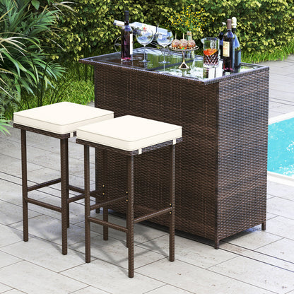 3-Piece Rattan Wicker Bar Set with Cushioned Stools