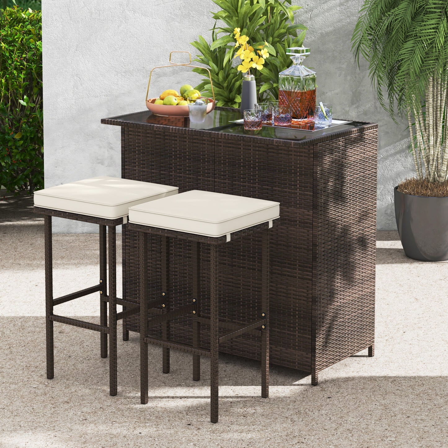 3-Piece Rattan Wicker Bar Set with Cushioned Stools