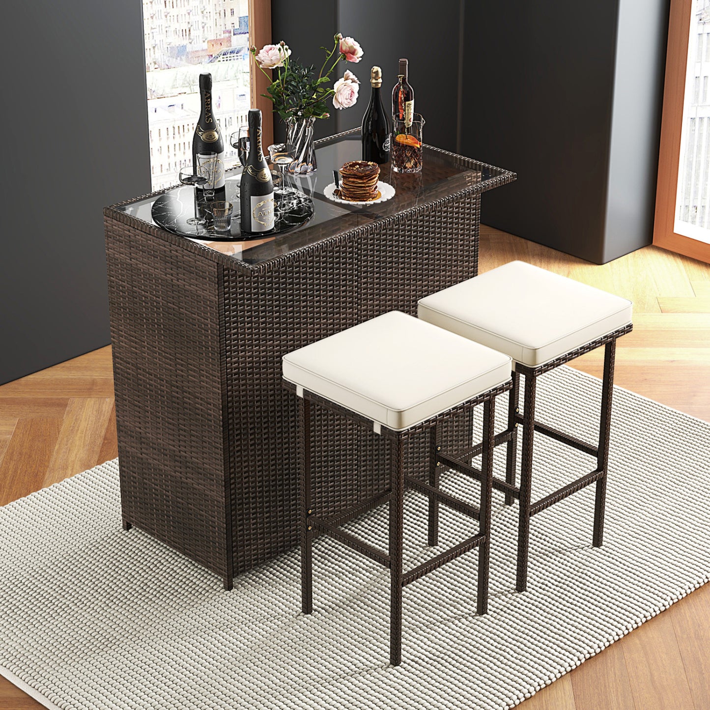 3-Piece Rattan Wicker Bar Set with Cushioned Stools