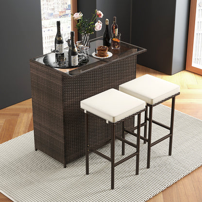 3-Piece Rattan Wicker Bar Set with Cushioned Stools