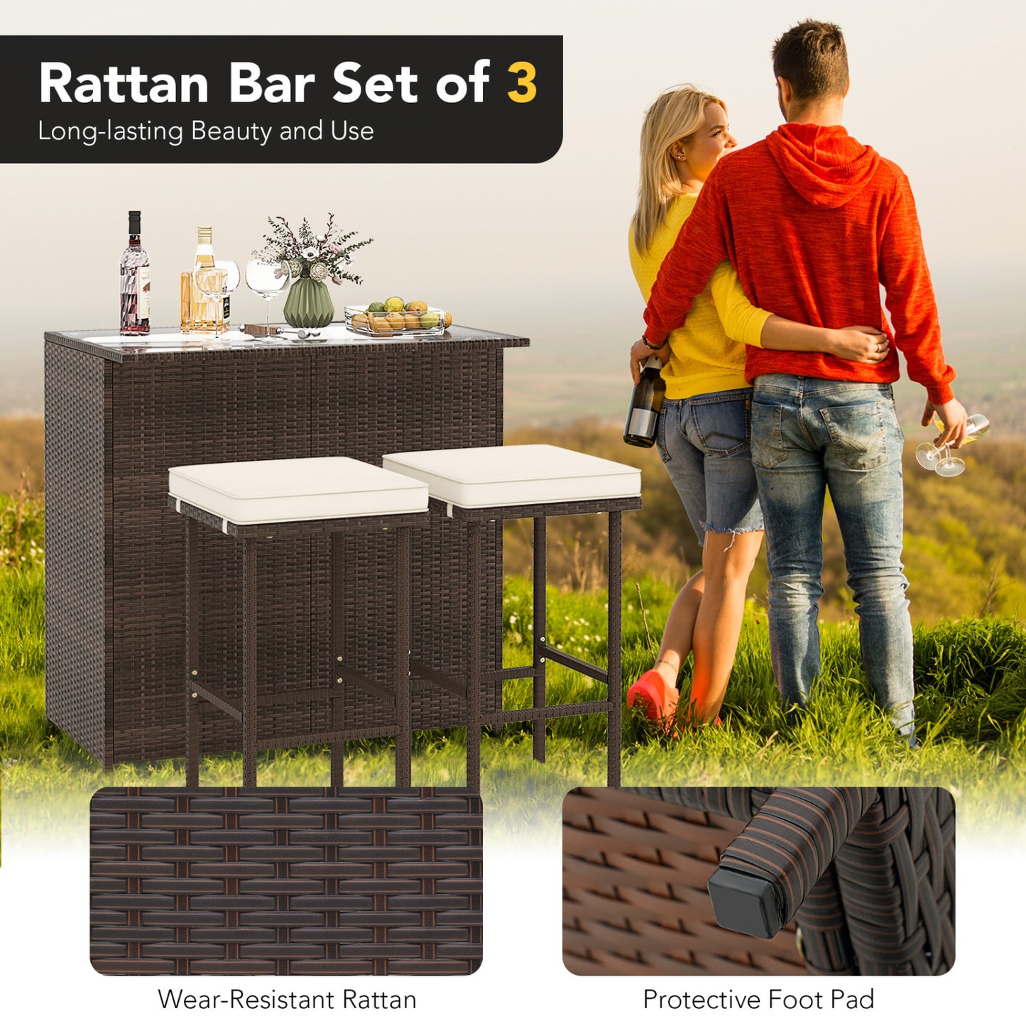 3-Piece Rattan Wicker Bar Set with Cushioned Stools