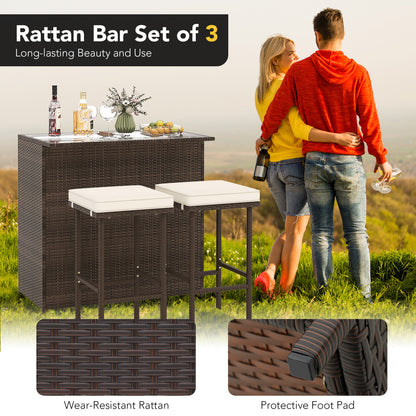 3-Piece Rattan Wicker Bar Set with Cushioned Stools