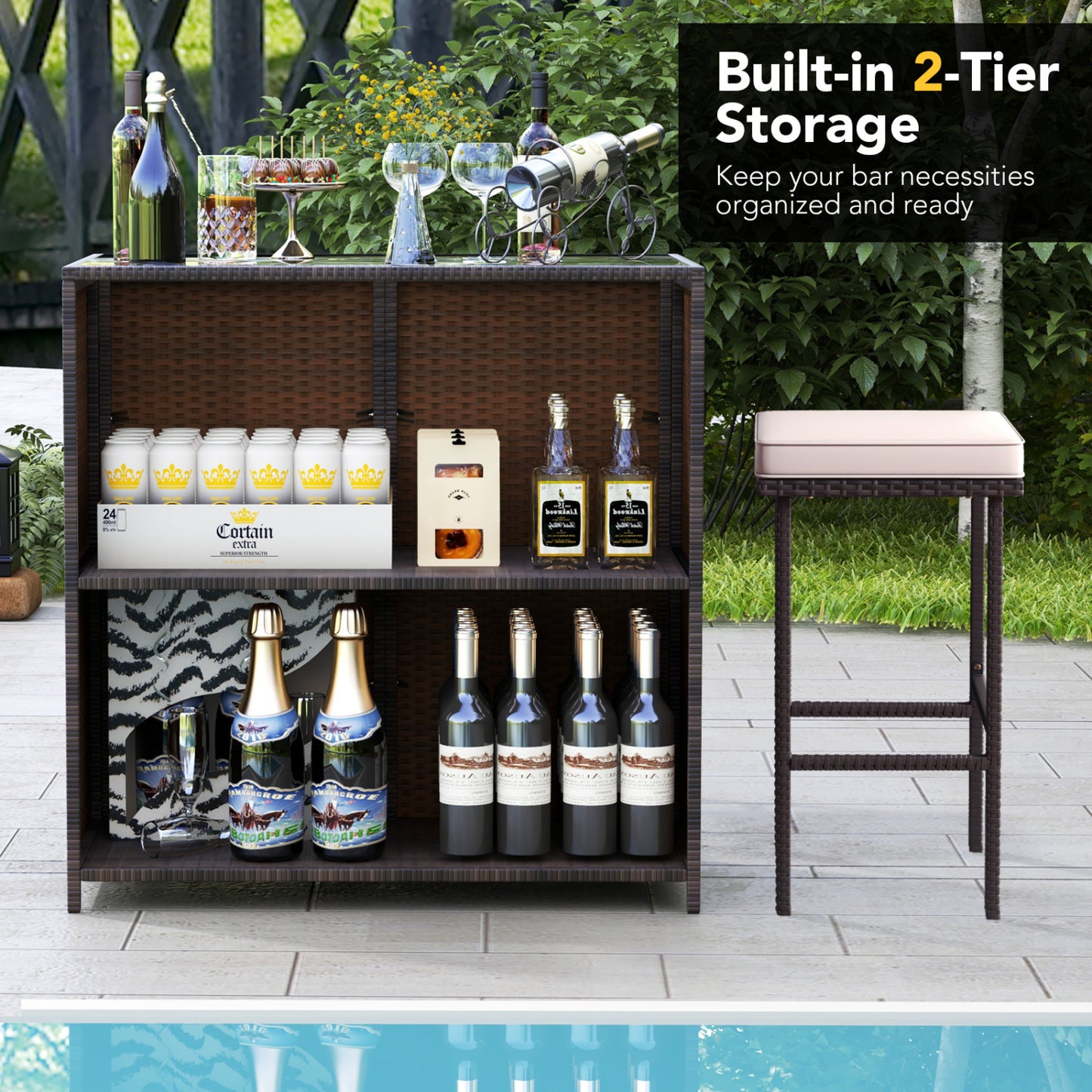 3-Piece Rattan Wicker Bar Set with Cushioned Stools