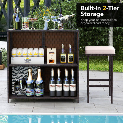 3-Piece Rattan Wicker Bar Set with Cushioned Stools