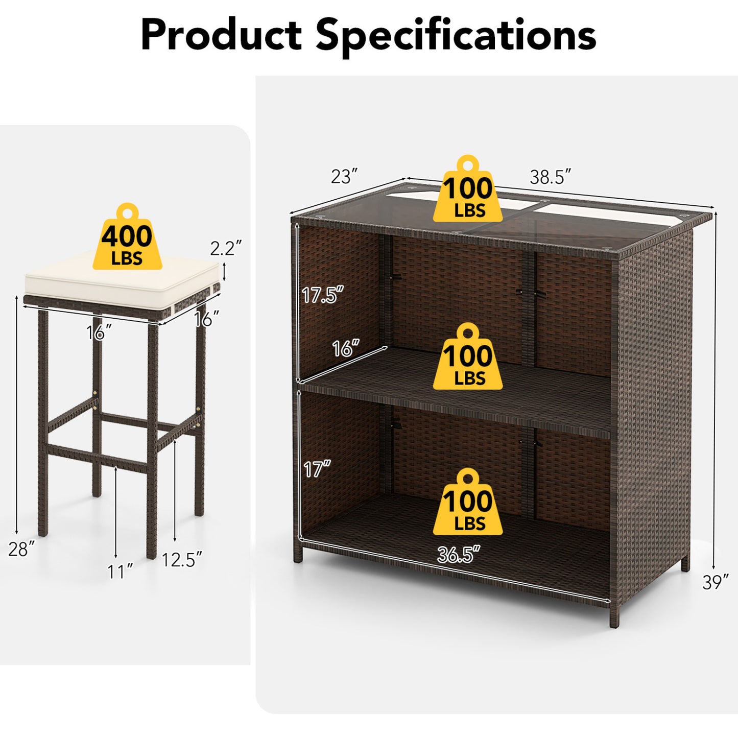 3-Piece Rattan Wicker Bar Set with Cushioned Stools
