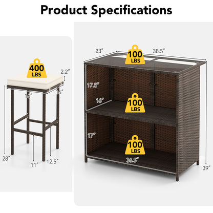 3-Piece Rattan Wicker Bar Set with Cushioned Stools