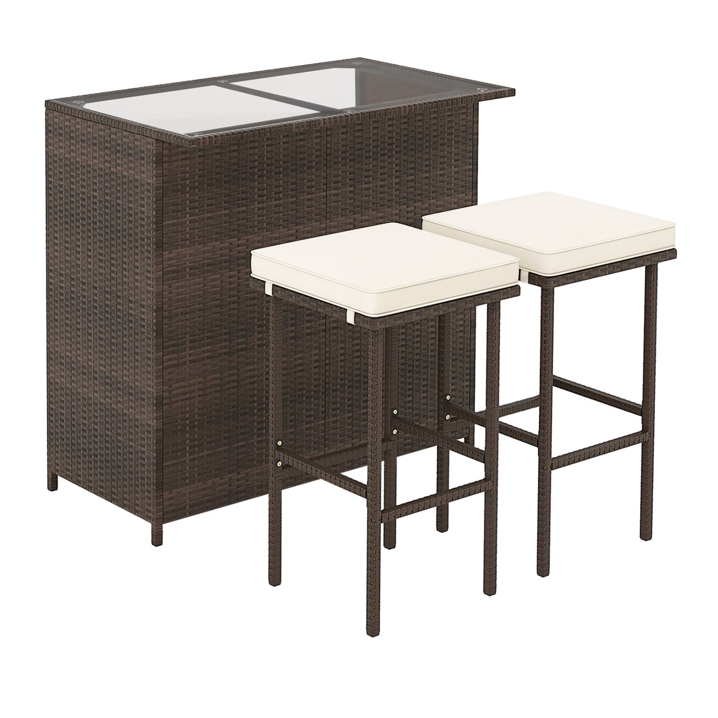 3-Piece Rattan Wicker Bar Set with Cushioned Stools