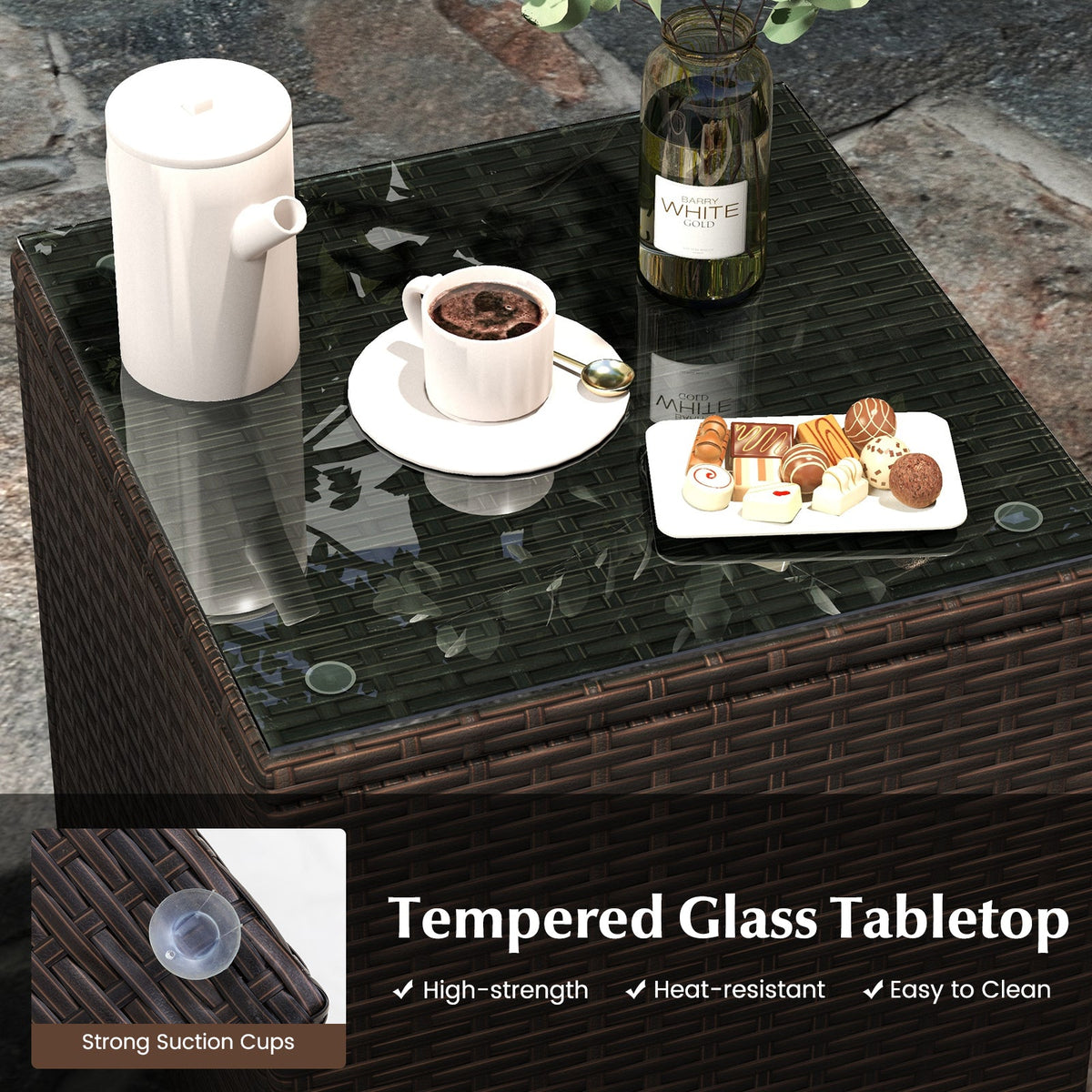 3 Pieces Outdoor Conversation Set with Cushioned Seat and Glass Tabletop