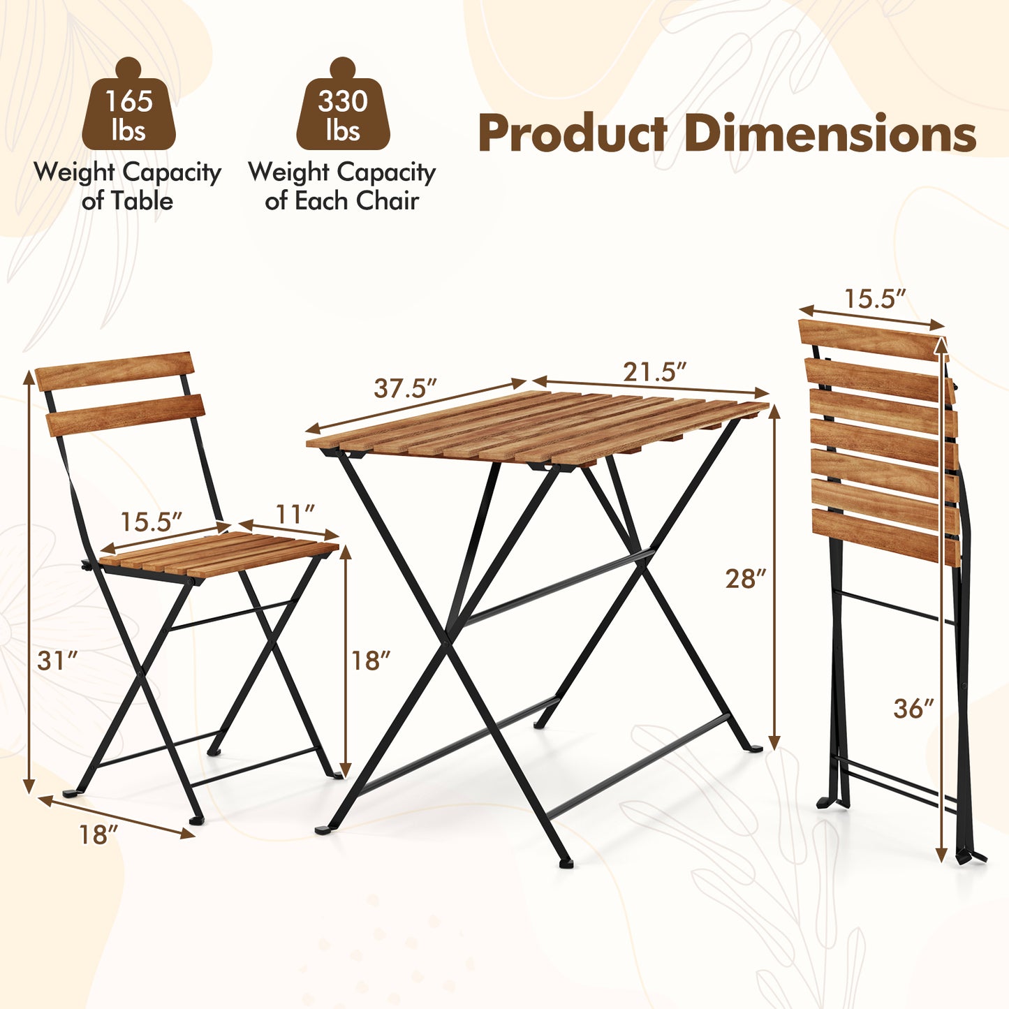 5-Piece Acacia Wood Patio Dining Set with Folding Chairs