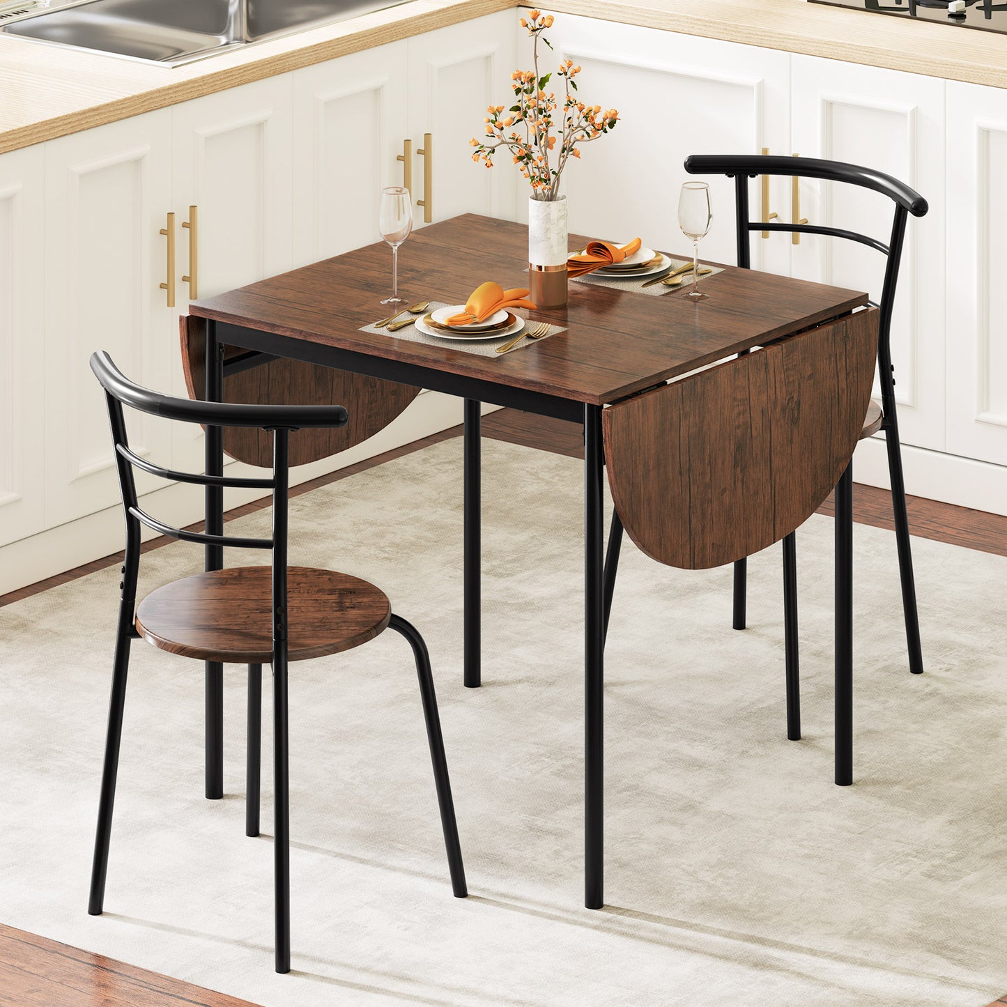 3-Piece Drop Leaf Dining Set with 2 Chairs for Small Spaces