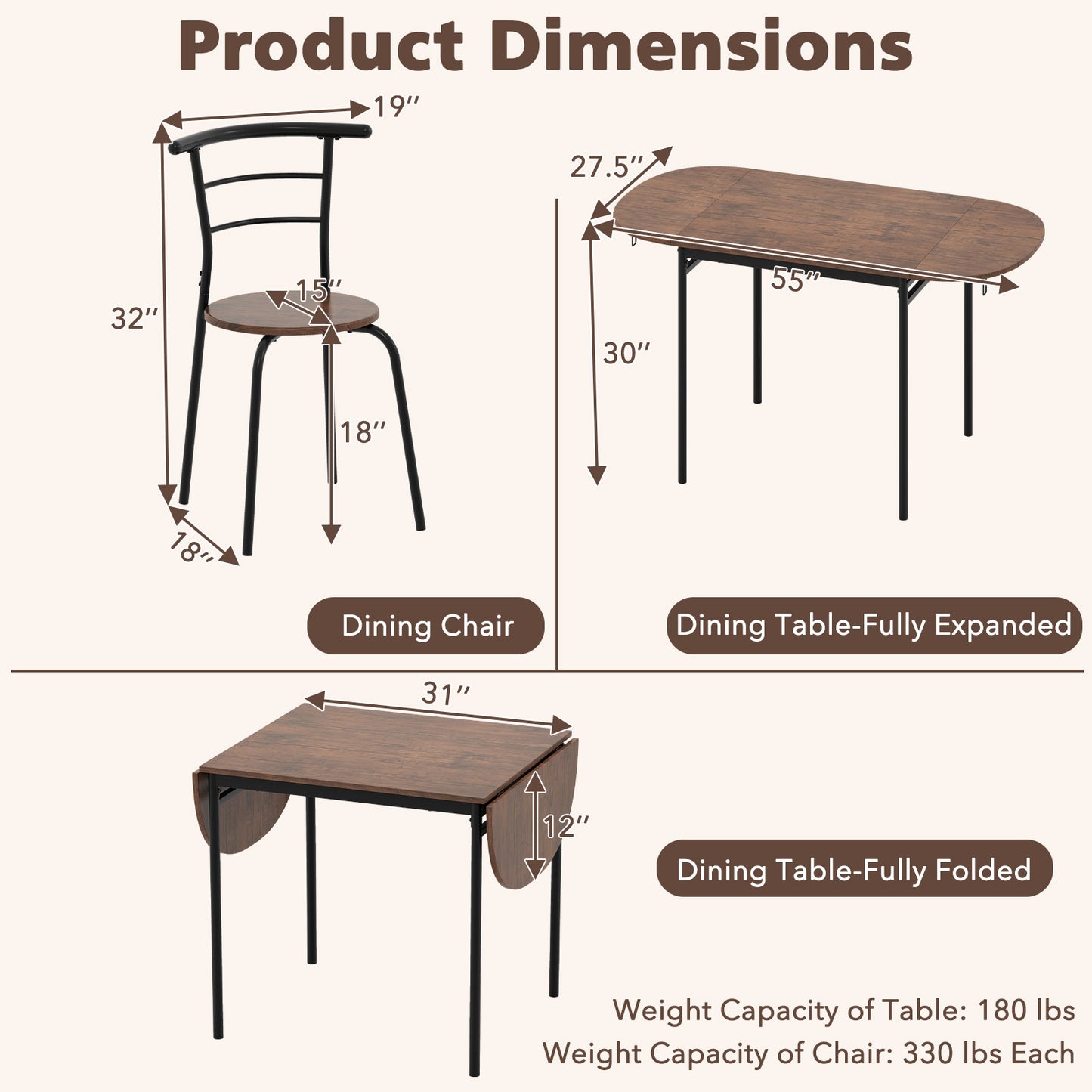3-Piece Drop Leaf Dining Set with 2 Chairs for Small Spaces