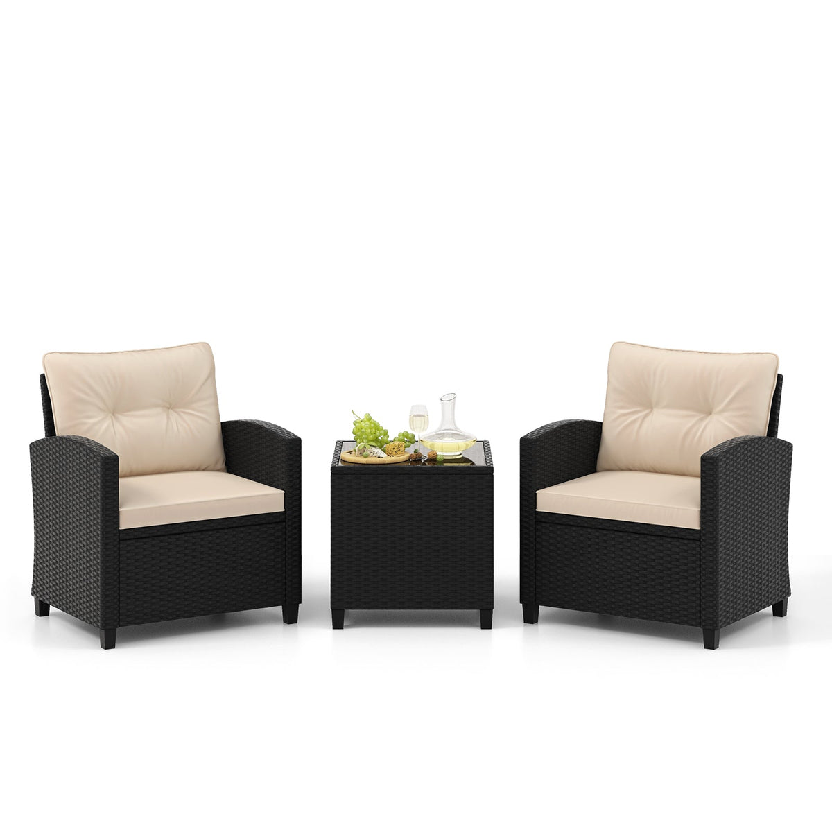 3 Pieces Patio Furniture Set with Tempered Glass Coffee Table