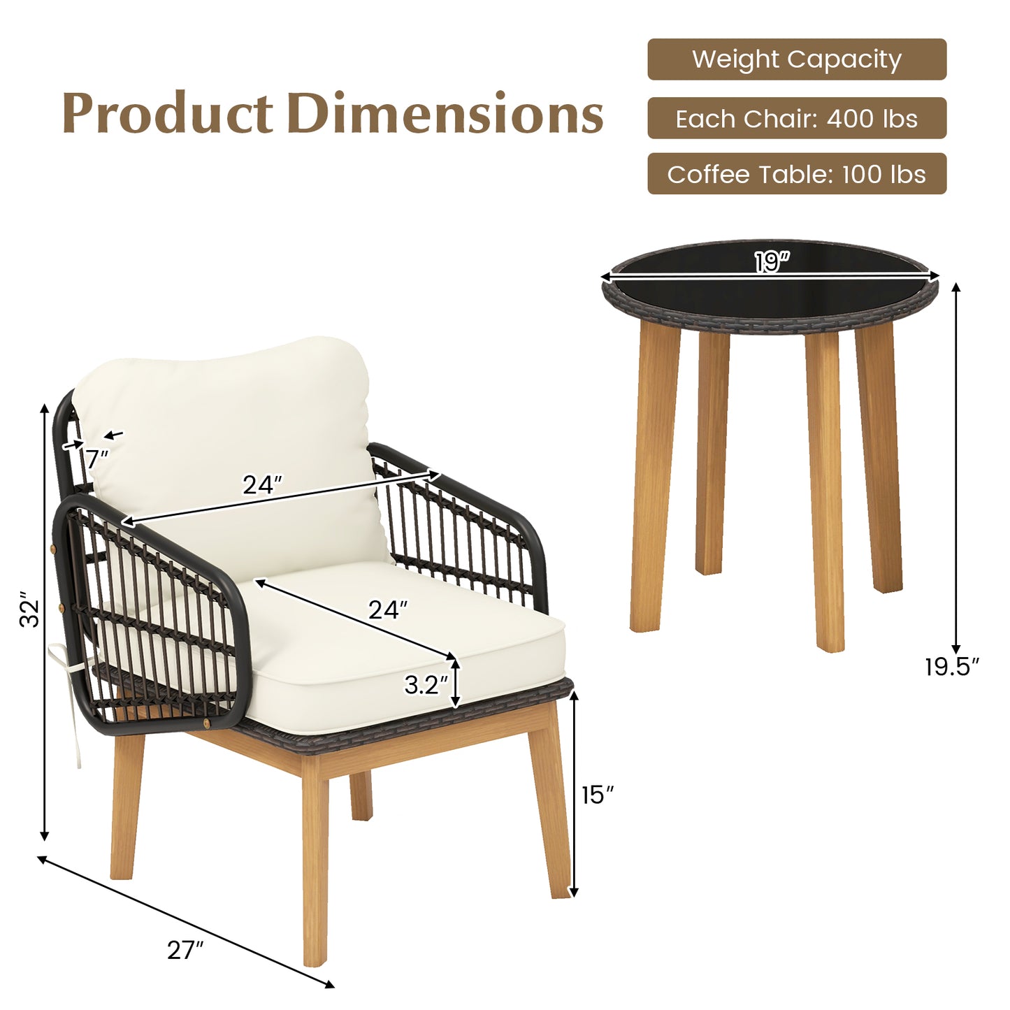 Patio Conversation Set 3-Piece with Cushioned Chairs & Glass Table