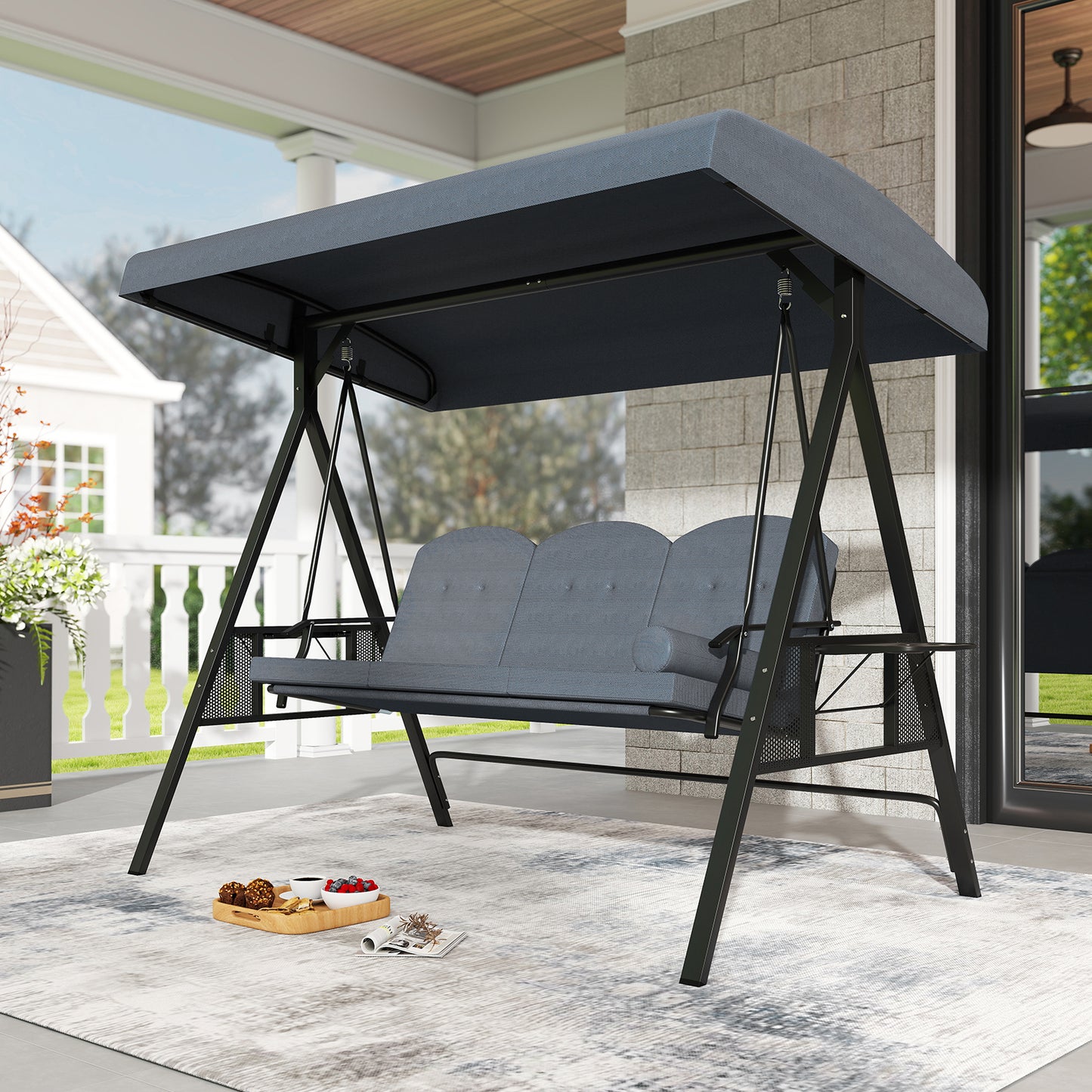 3-Seat Patio Swing Chair with Adjustable Canopy & Cushions