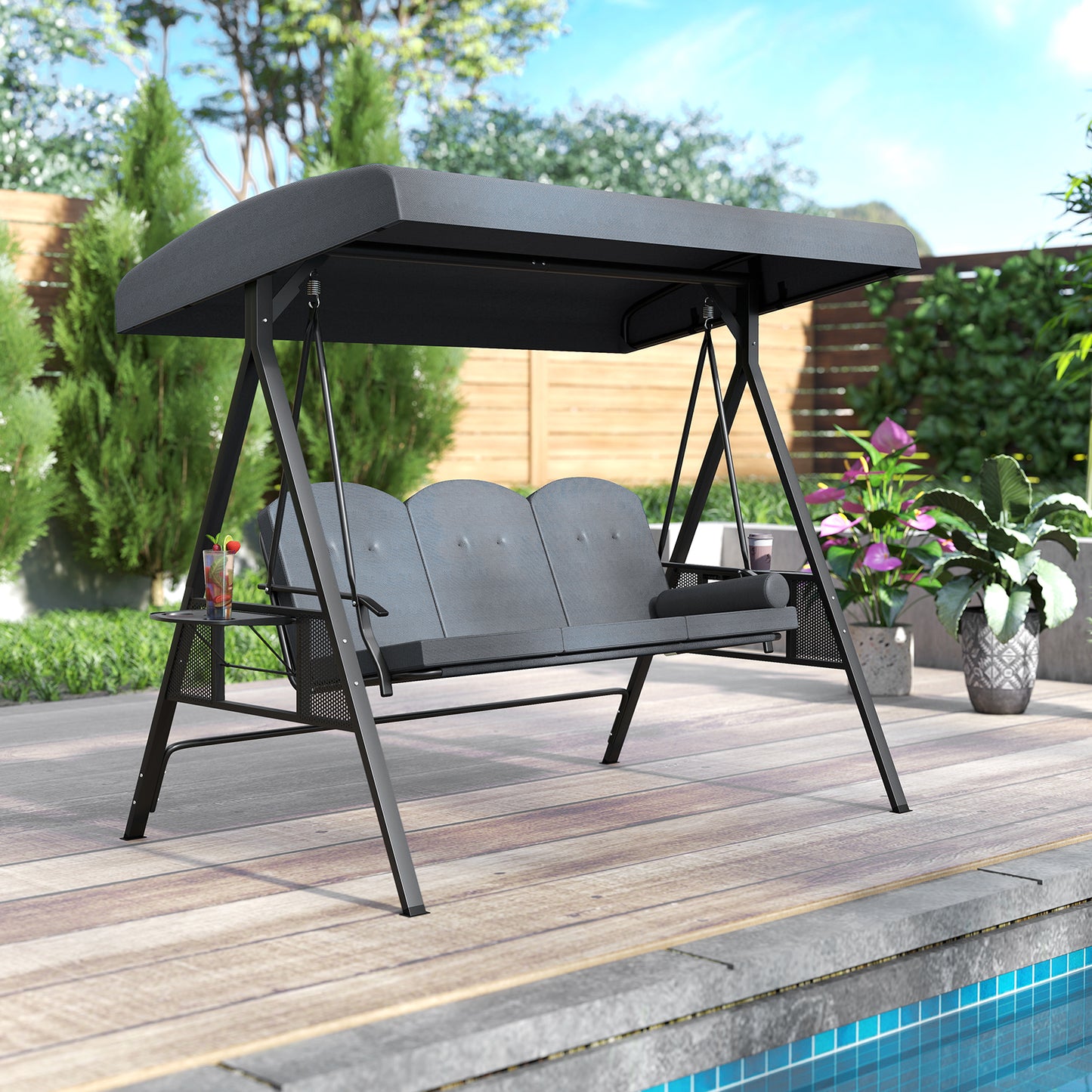 3-Seat Patio Swing Chair with Adjustable Canopy & Cushions