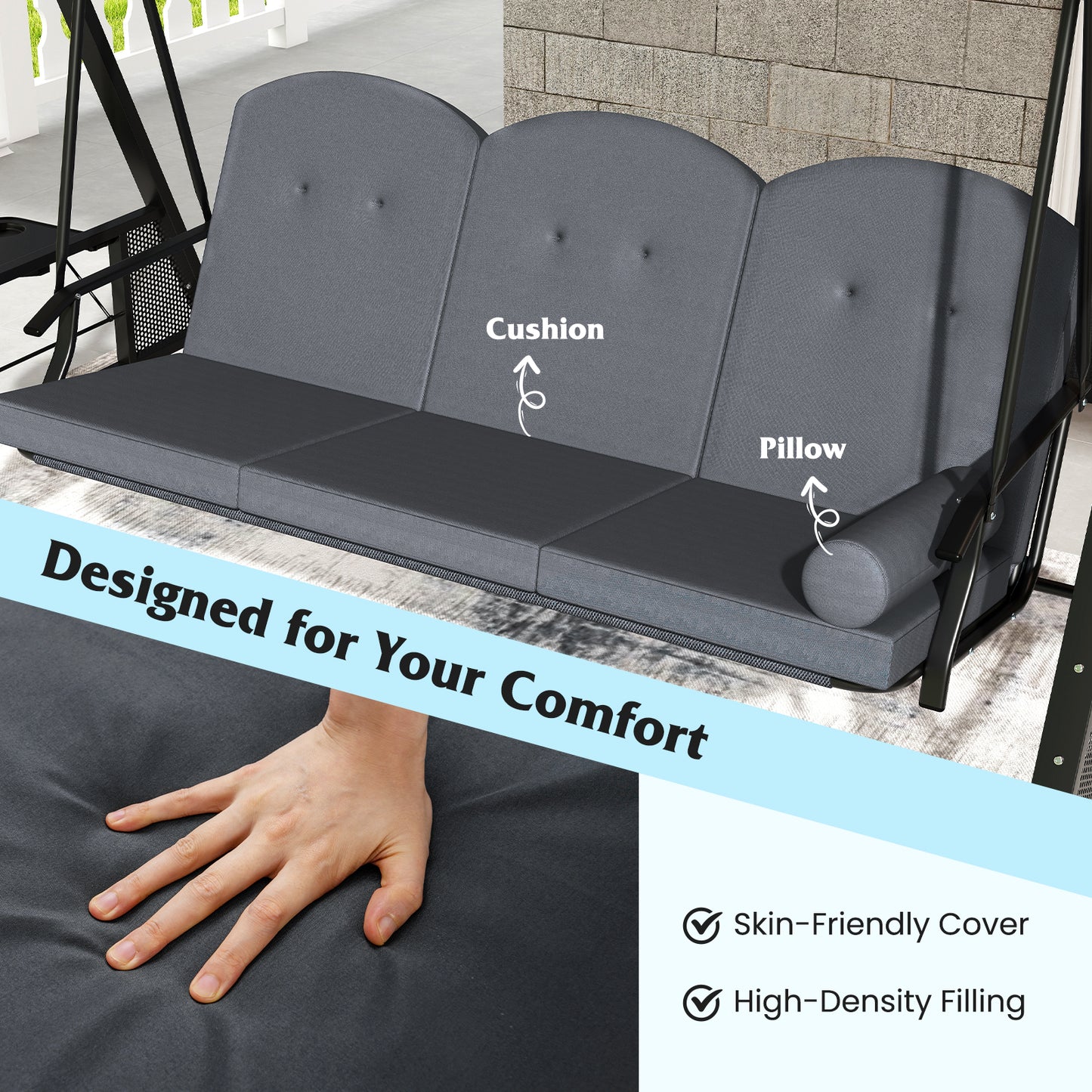 3-Seat Patio Swing Chair with Adjustable Canopy & Cushions