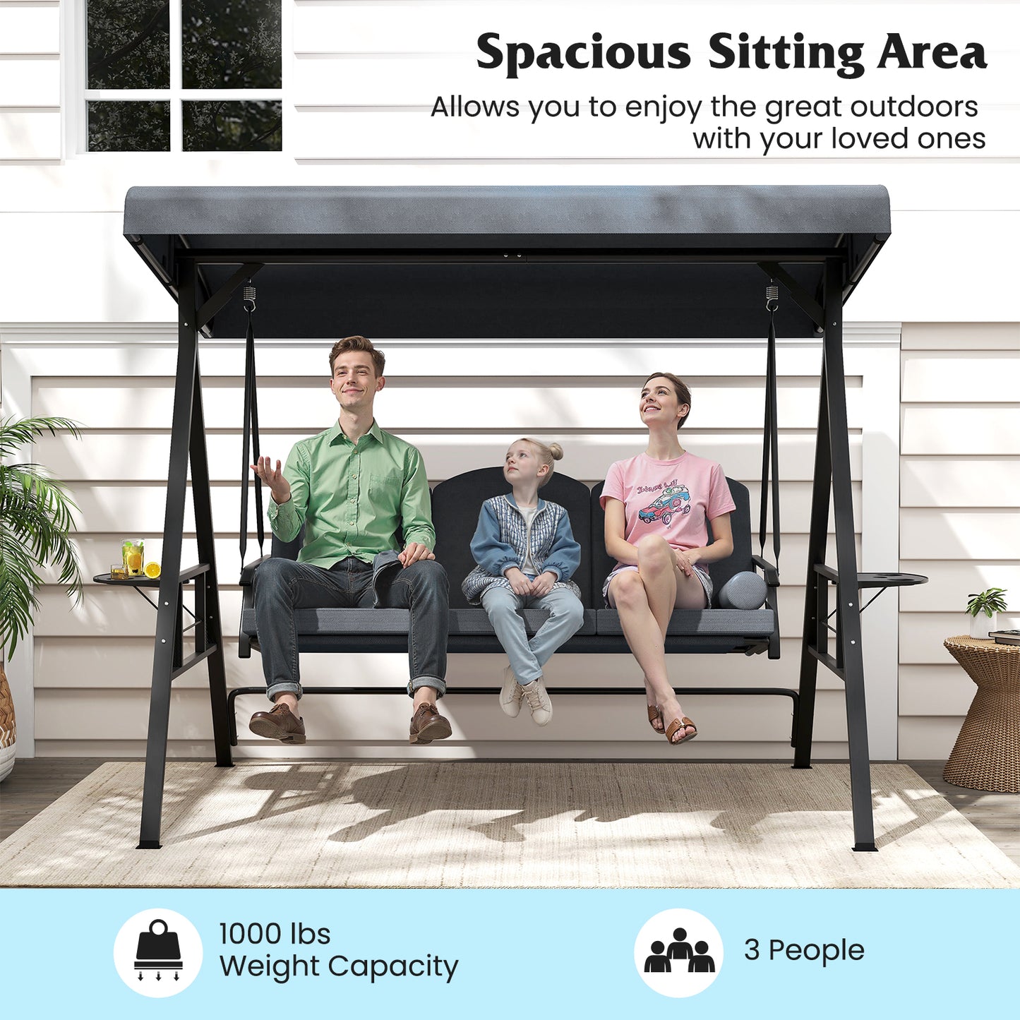 3-Seat Patio Swing Chair with Adjustable Canopy & Cushions