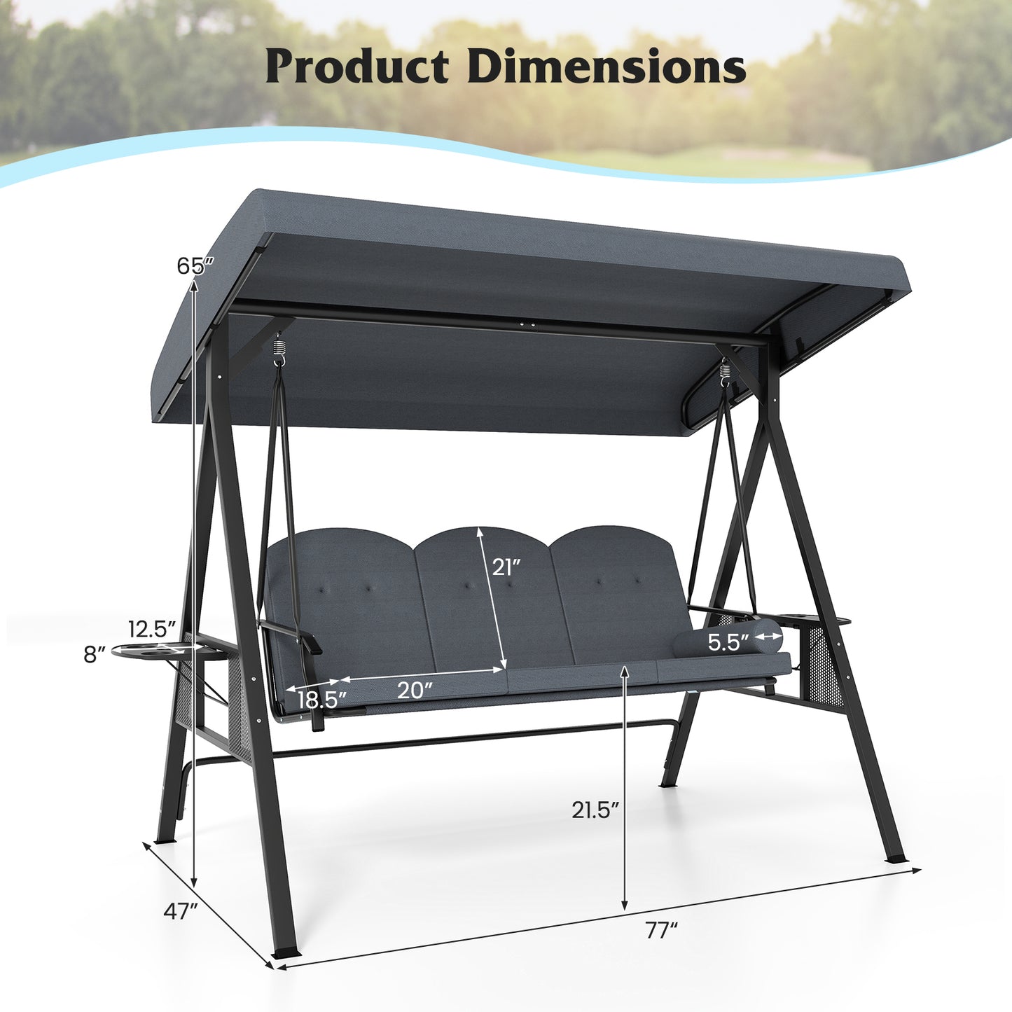 3-Seat Patio Swing Chair with Adjustable Canopy & Cushions
